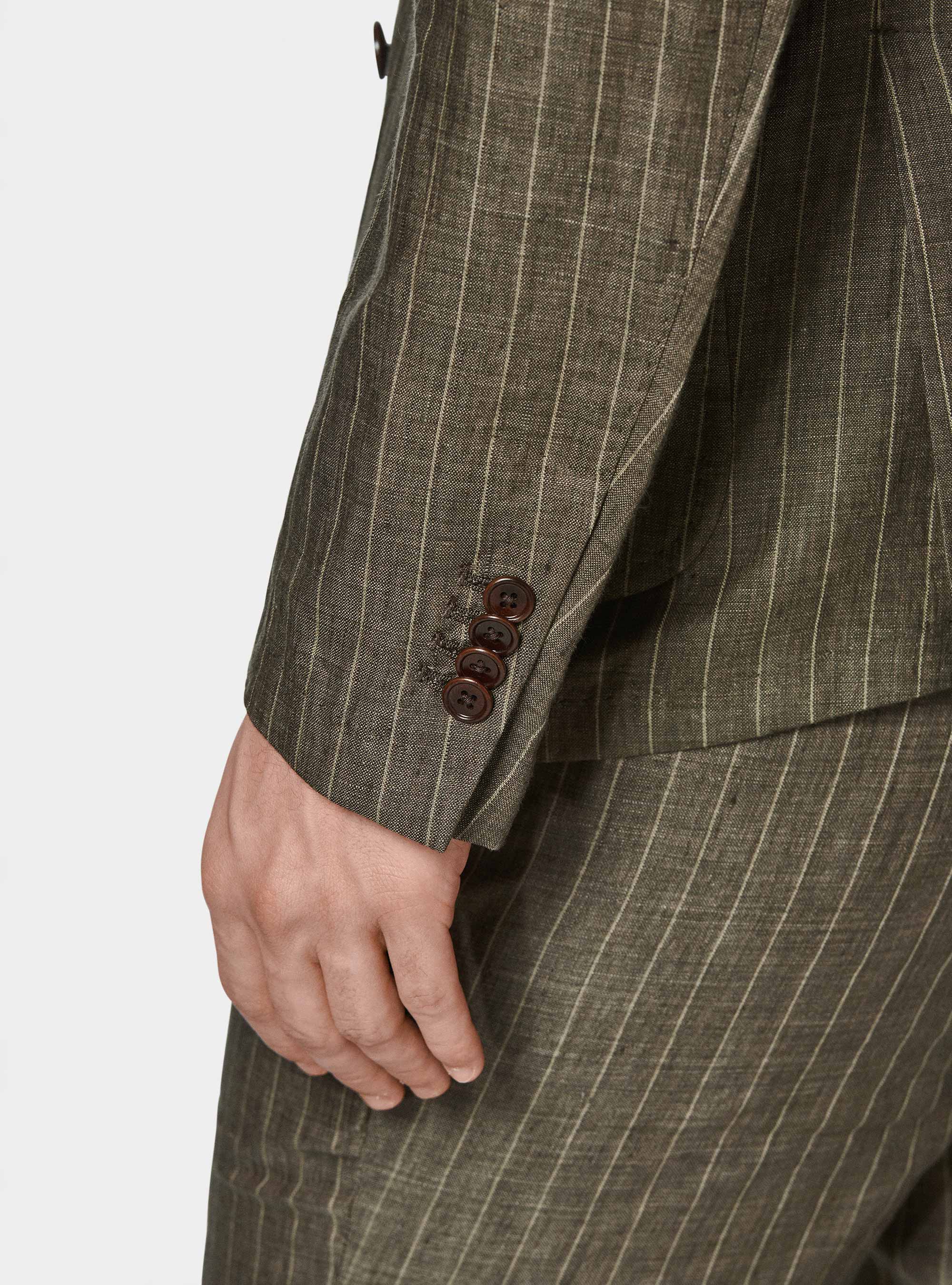 Double-breasted pinstripe suit blazer in delav&eacute; linen, BROWN