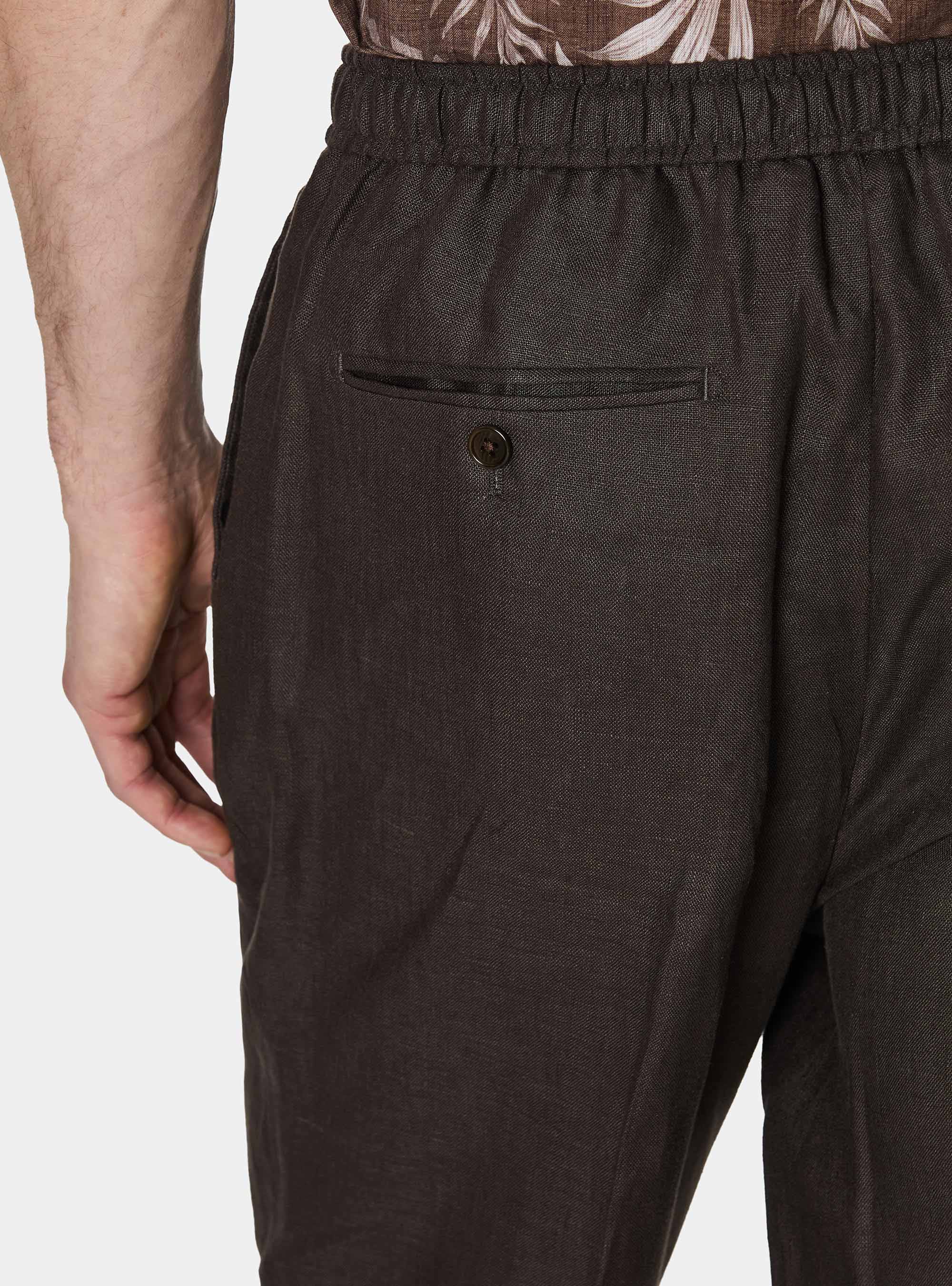 Pure linen trousers with pleat and drawstring, BROWN