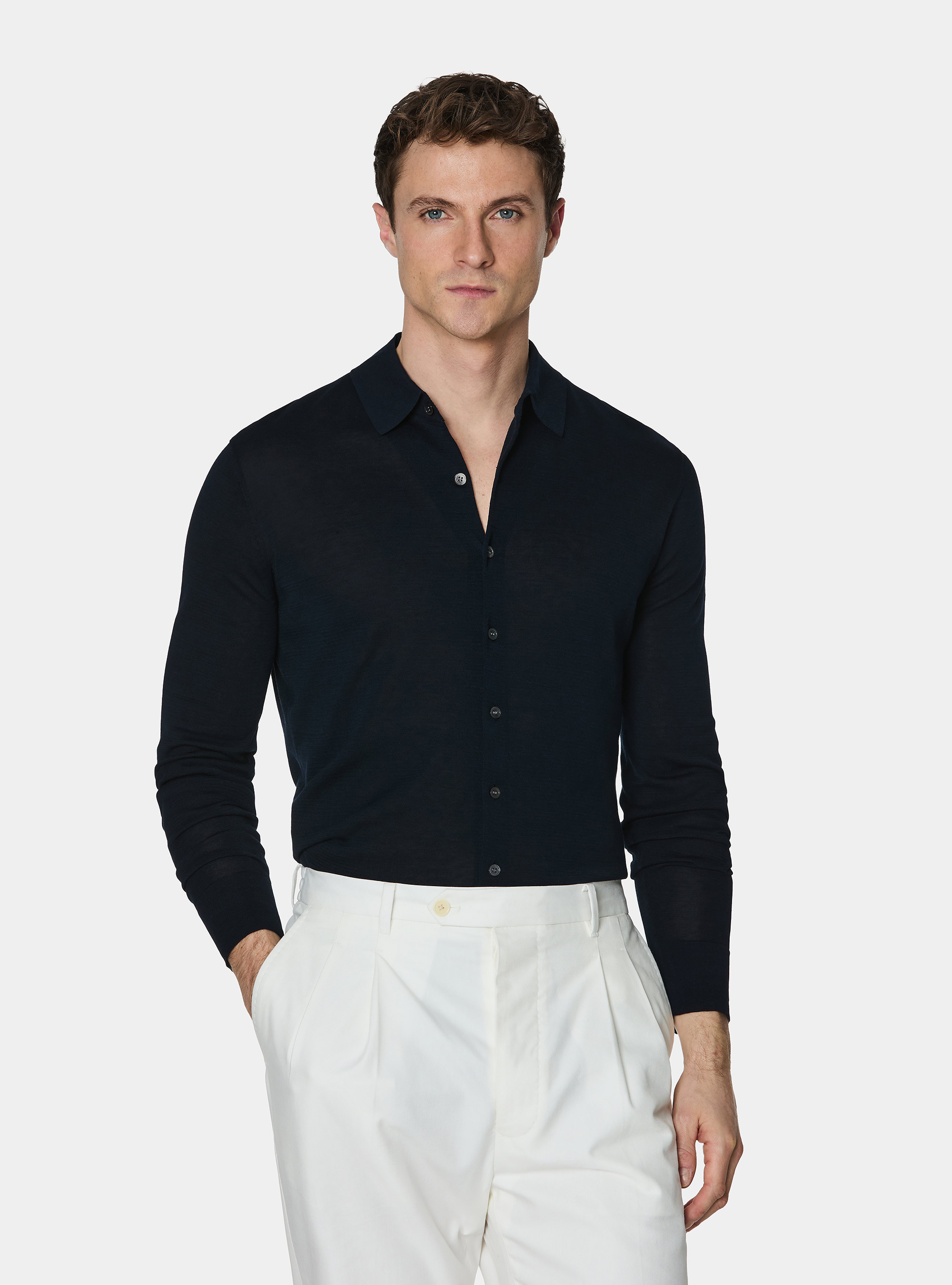 Polo chemise en coton et soie, BLEU MARINE
