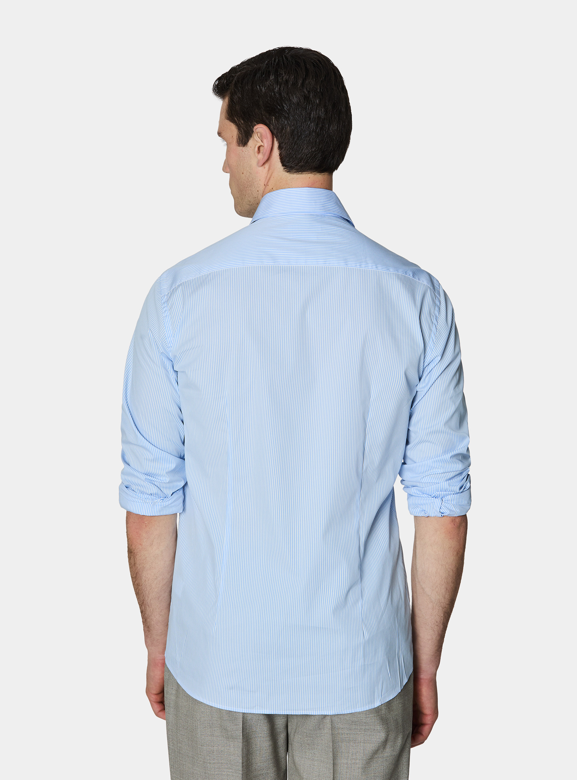 Camisa de rayas de popel&iacute;n de algod&oacute;n el&aacute;stico, CELESTE