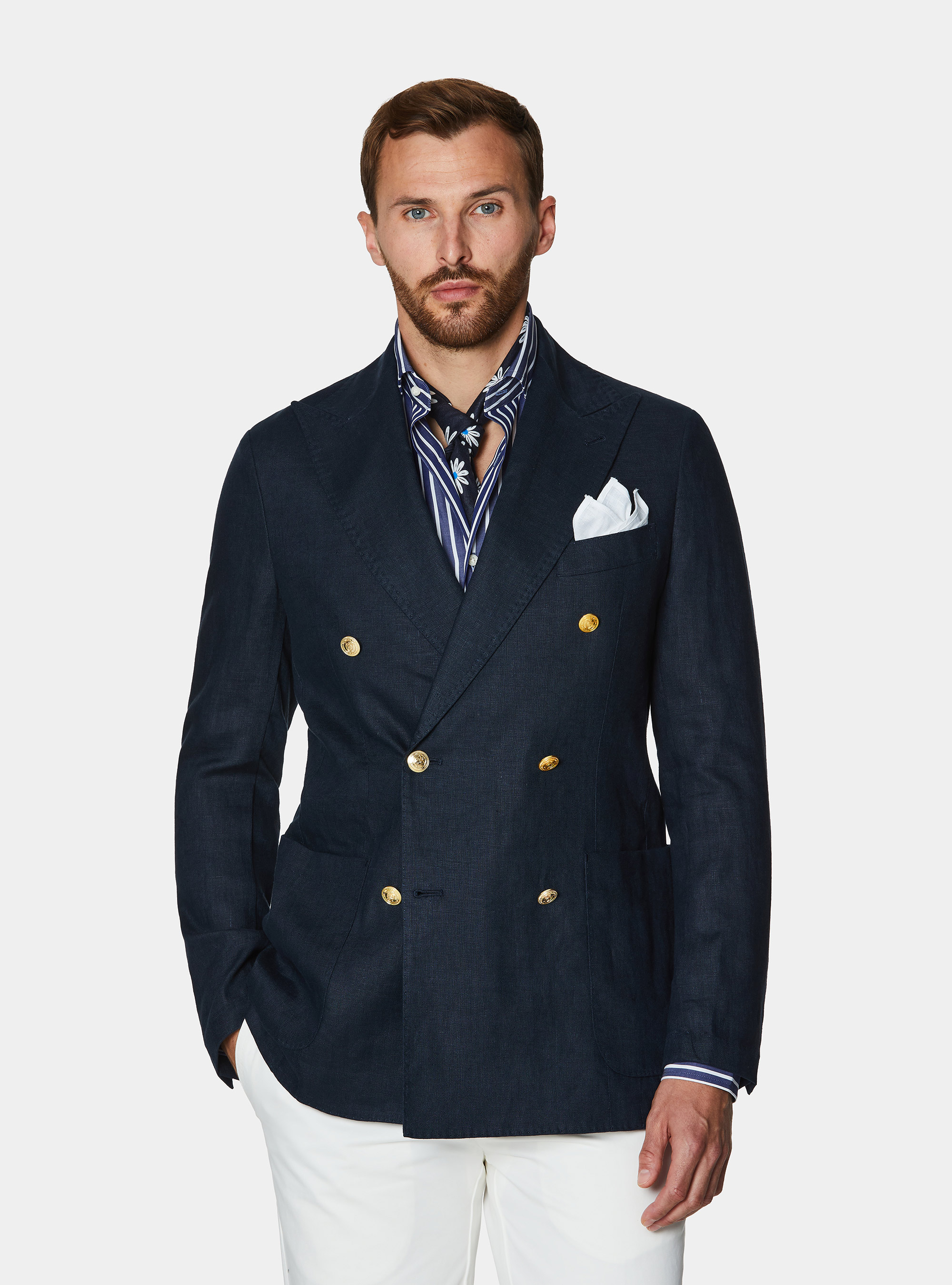 Veste crois&eacute;e en lin avec bouton m&eacute;tallique, BLEU MARINE