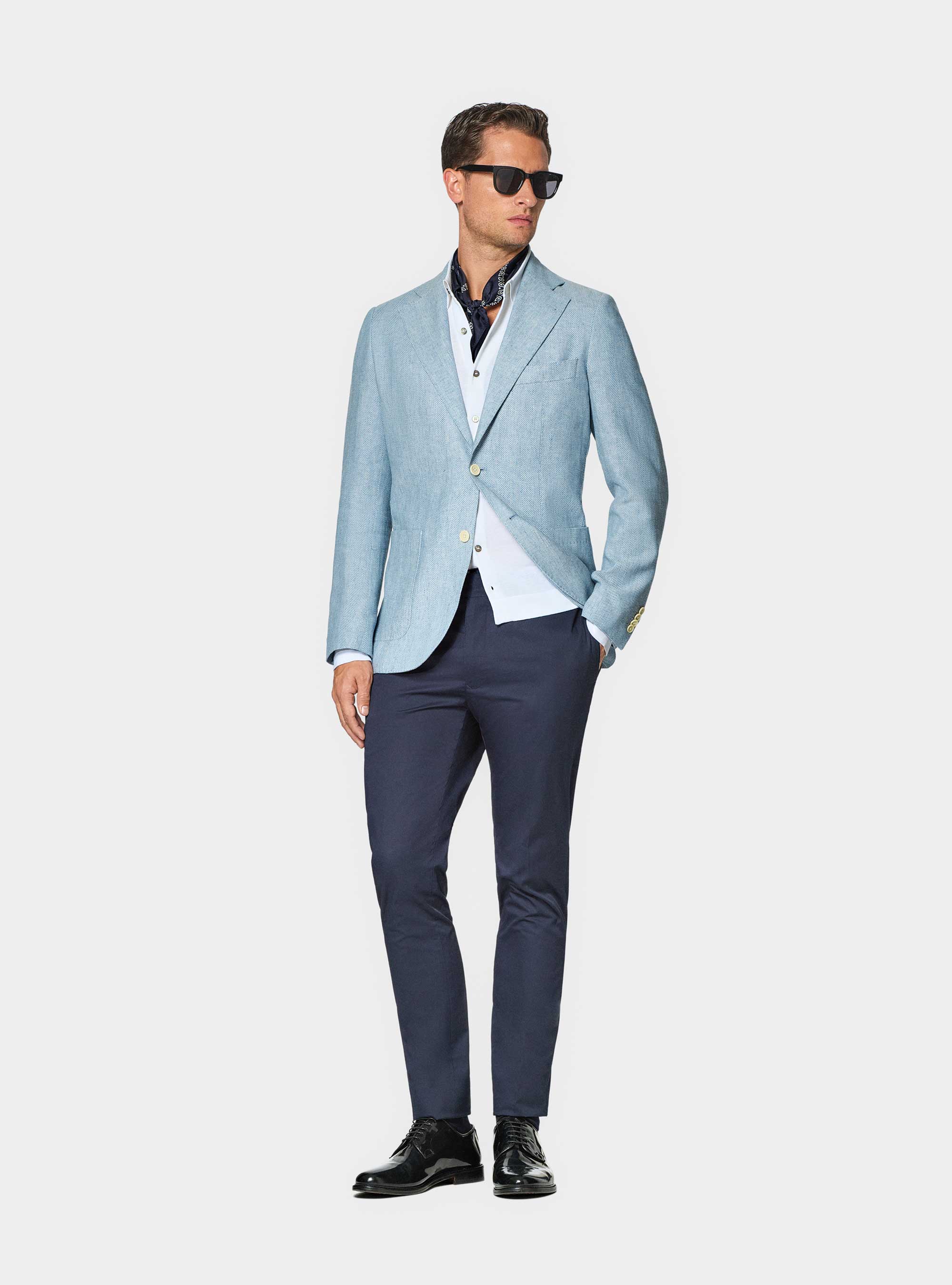 Giacca spigata in lino e cotone, AZZURRO