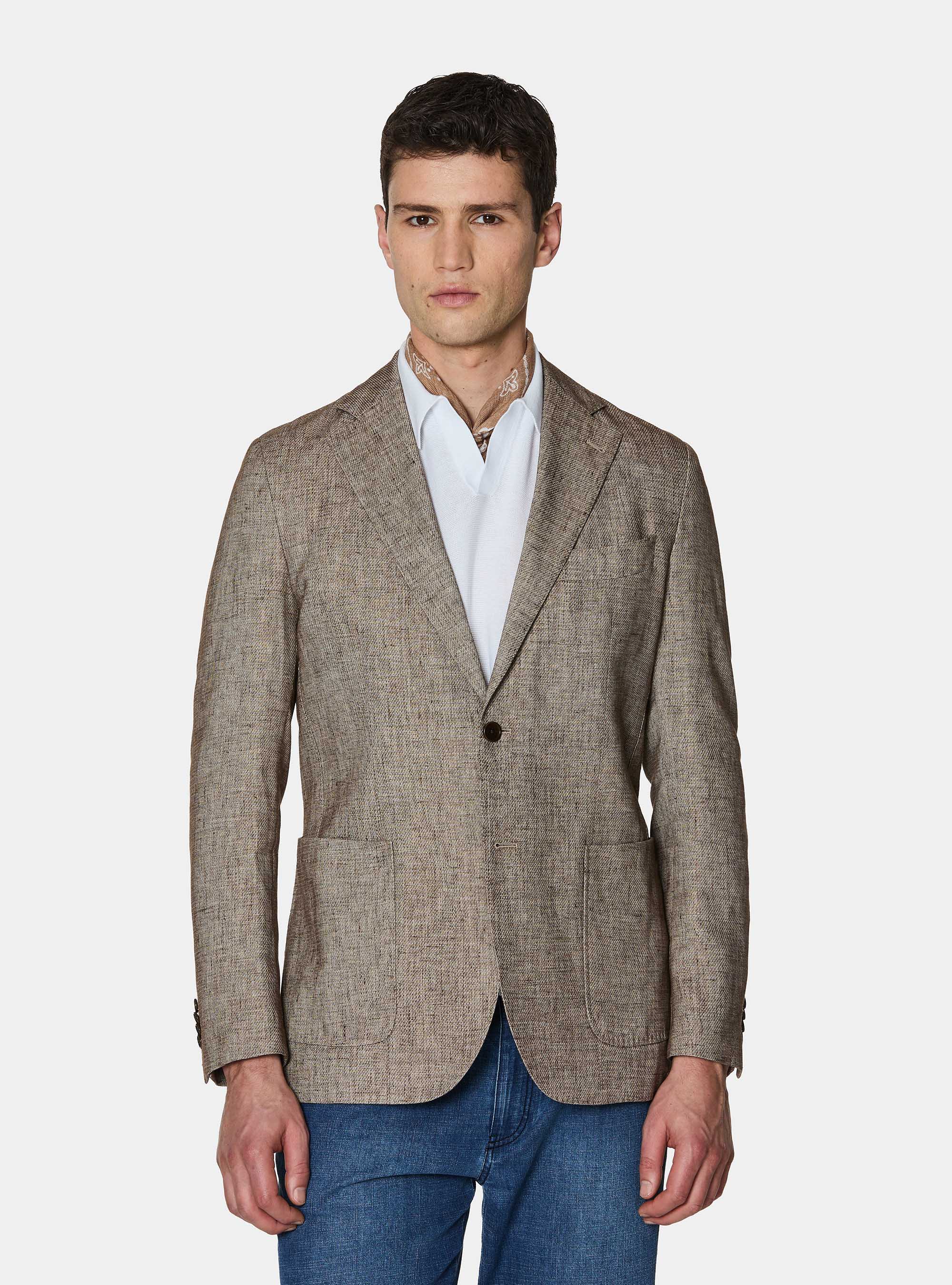 Blazer in cotton and slubbed linen, BROWN