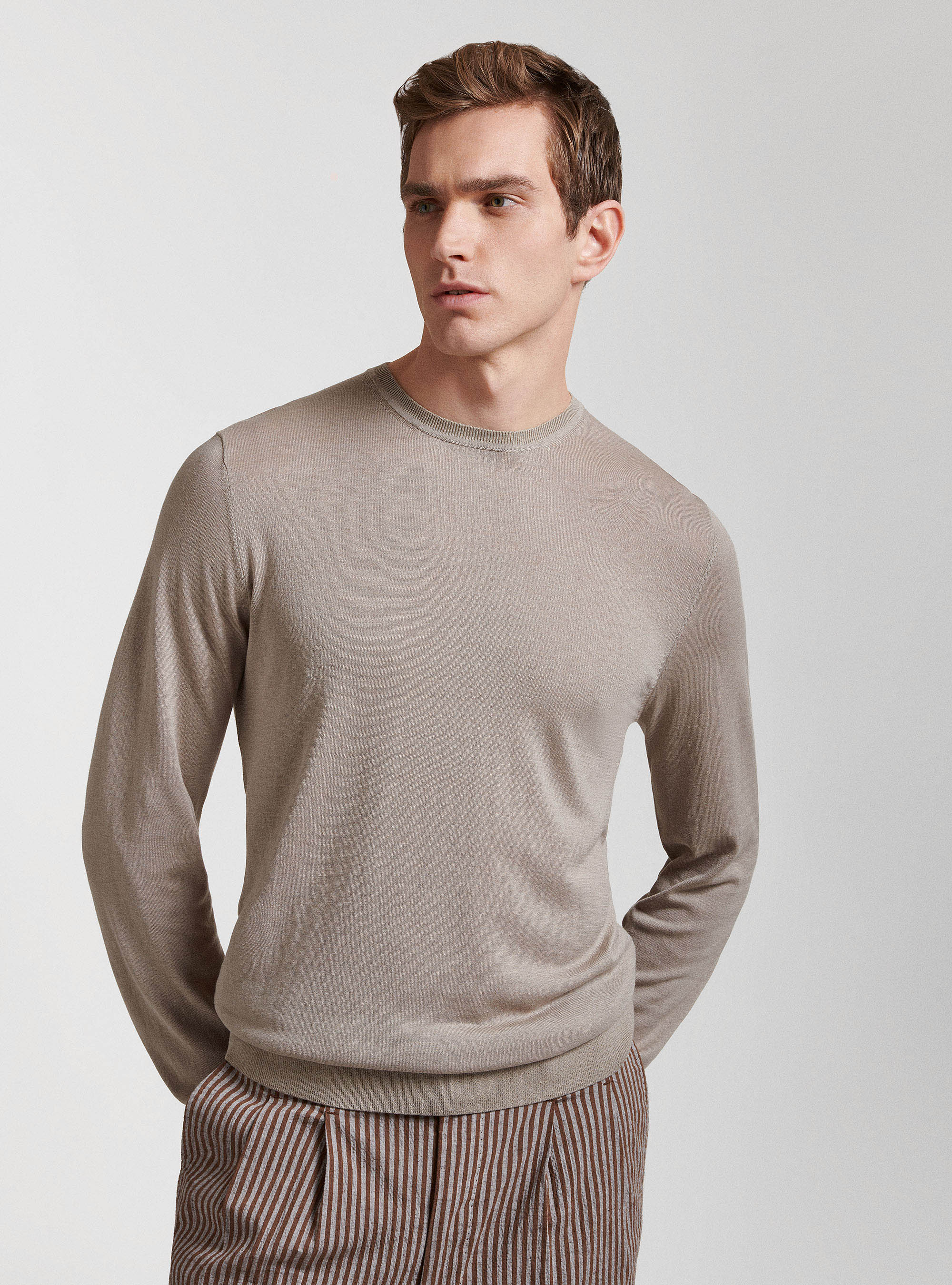 Silk and cotton crew-neck sweater, SAND