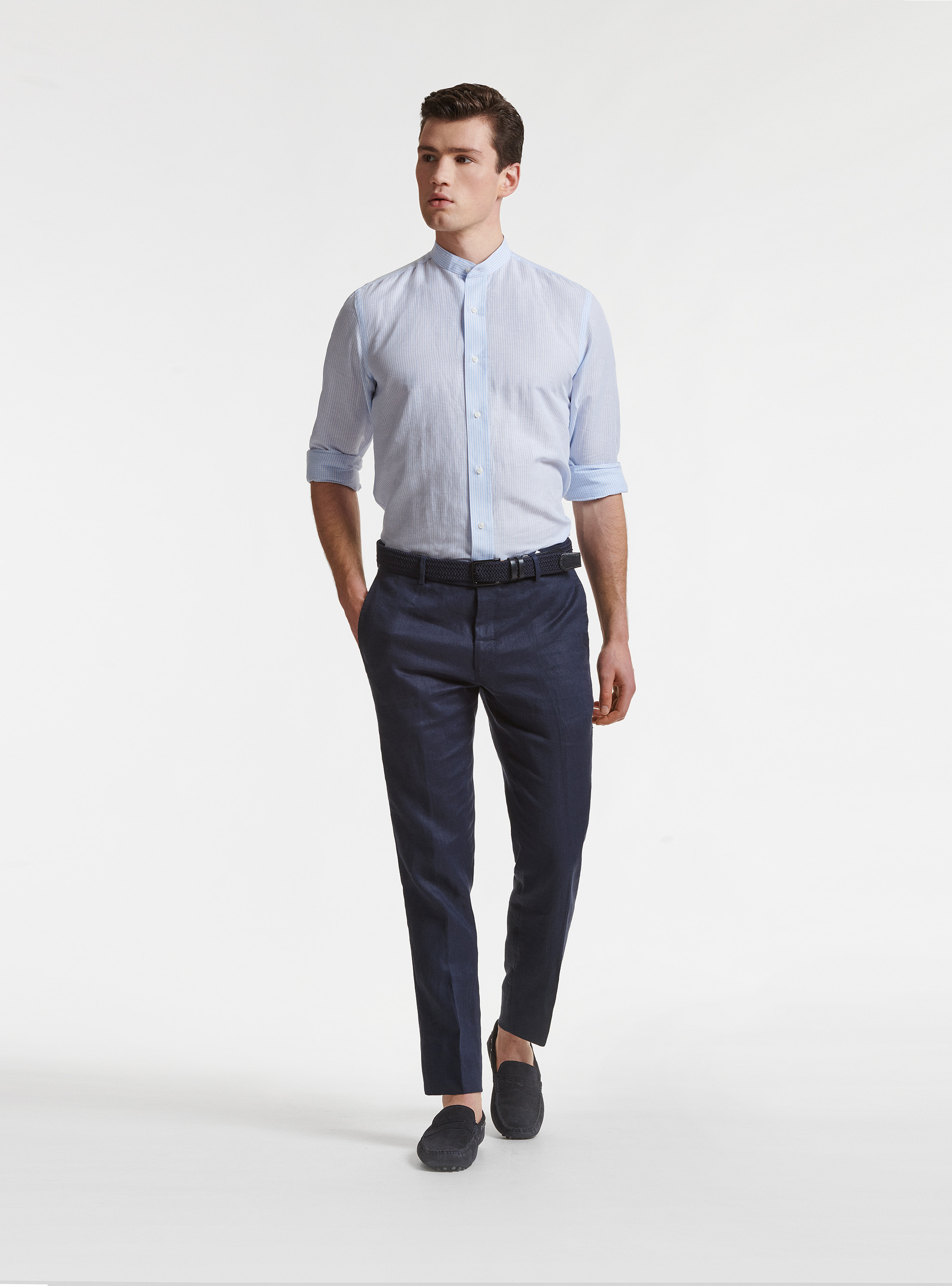 Korean collar shirt in linen and cotton, LIGHT BLUE
