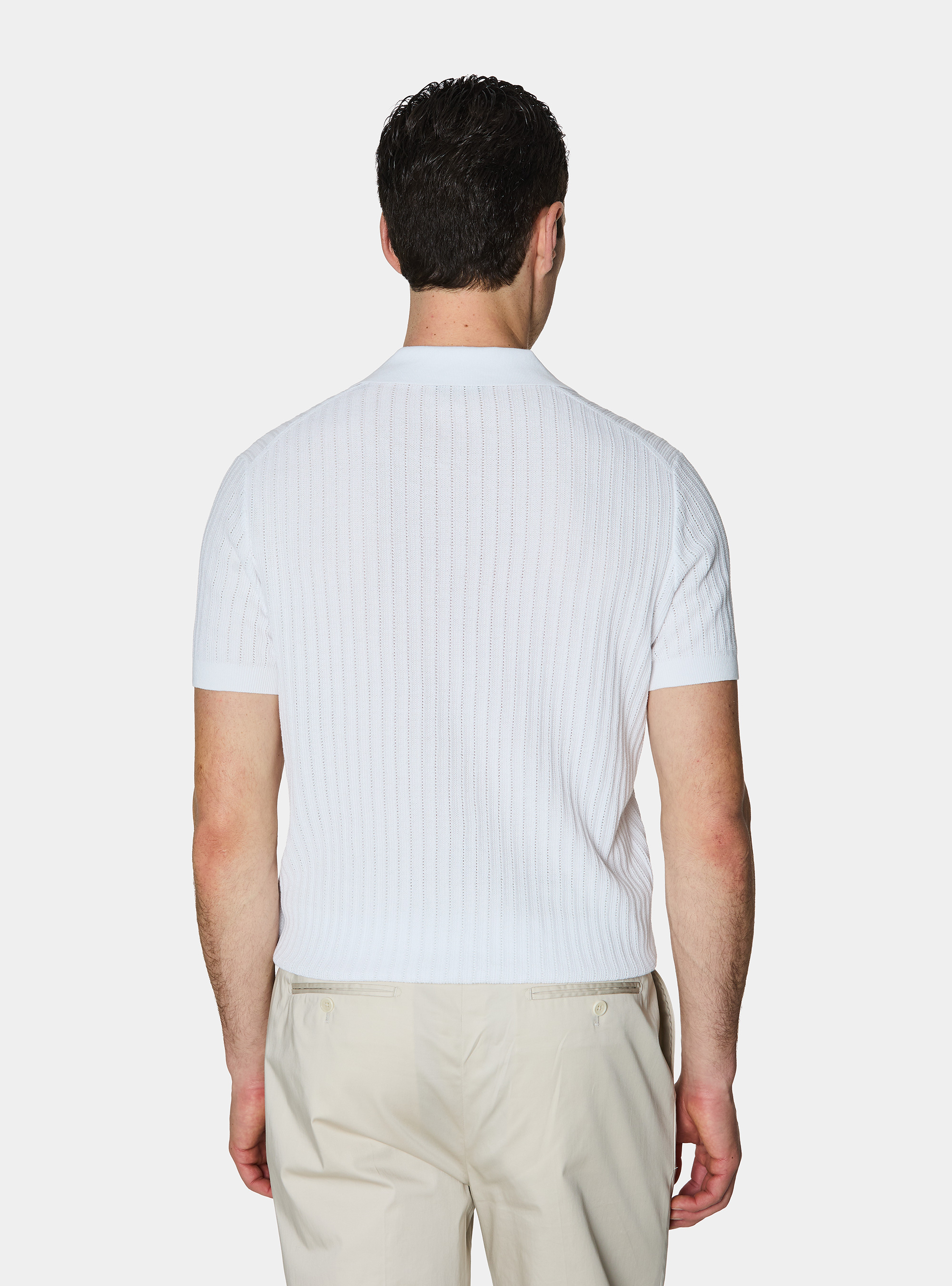 Poloshirt aus perforiertem Strick ohne Kn&ouml;pfe aus extrafeiner Baumwolle, BIANCO 0099C