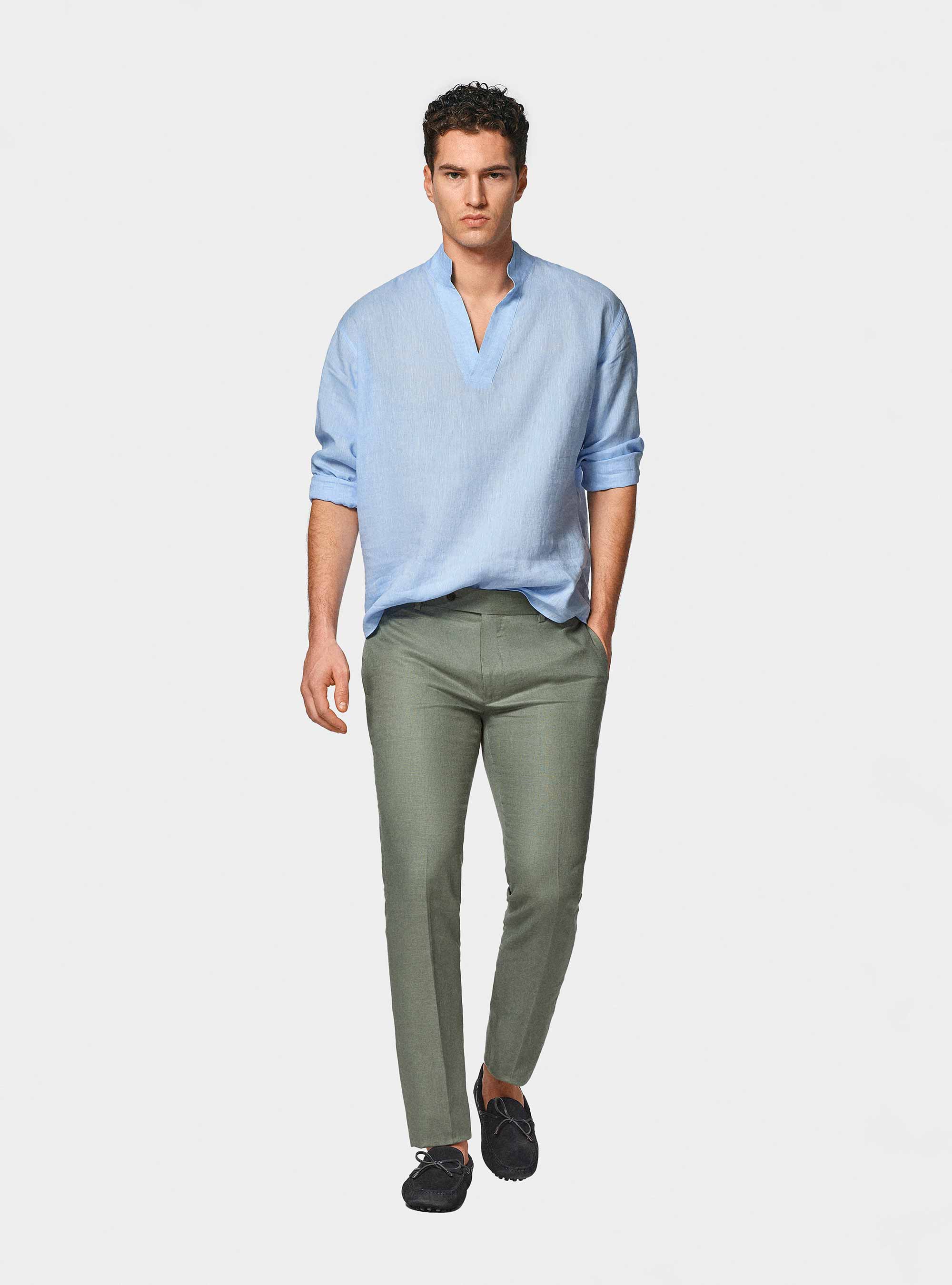 Camicia coreana in puro lino, AZZURRO