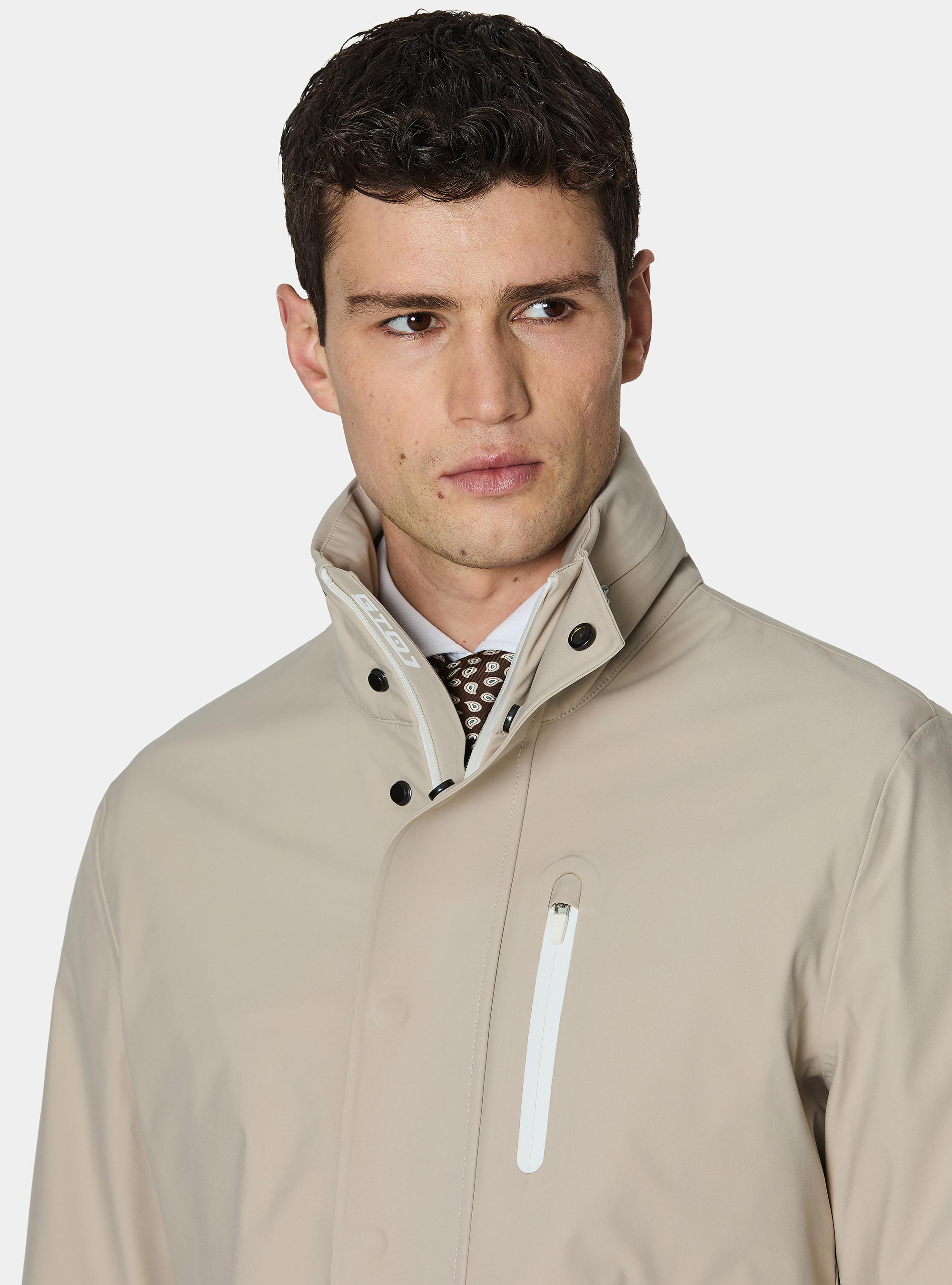 GT01 long jacket in technical fabric, ECRU