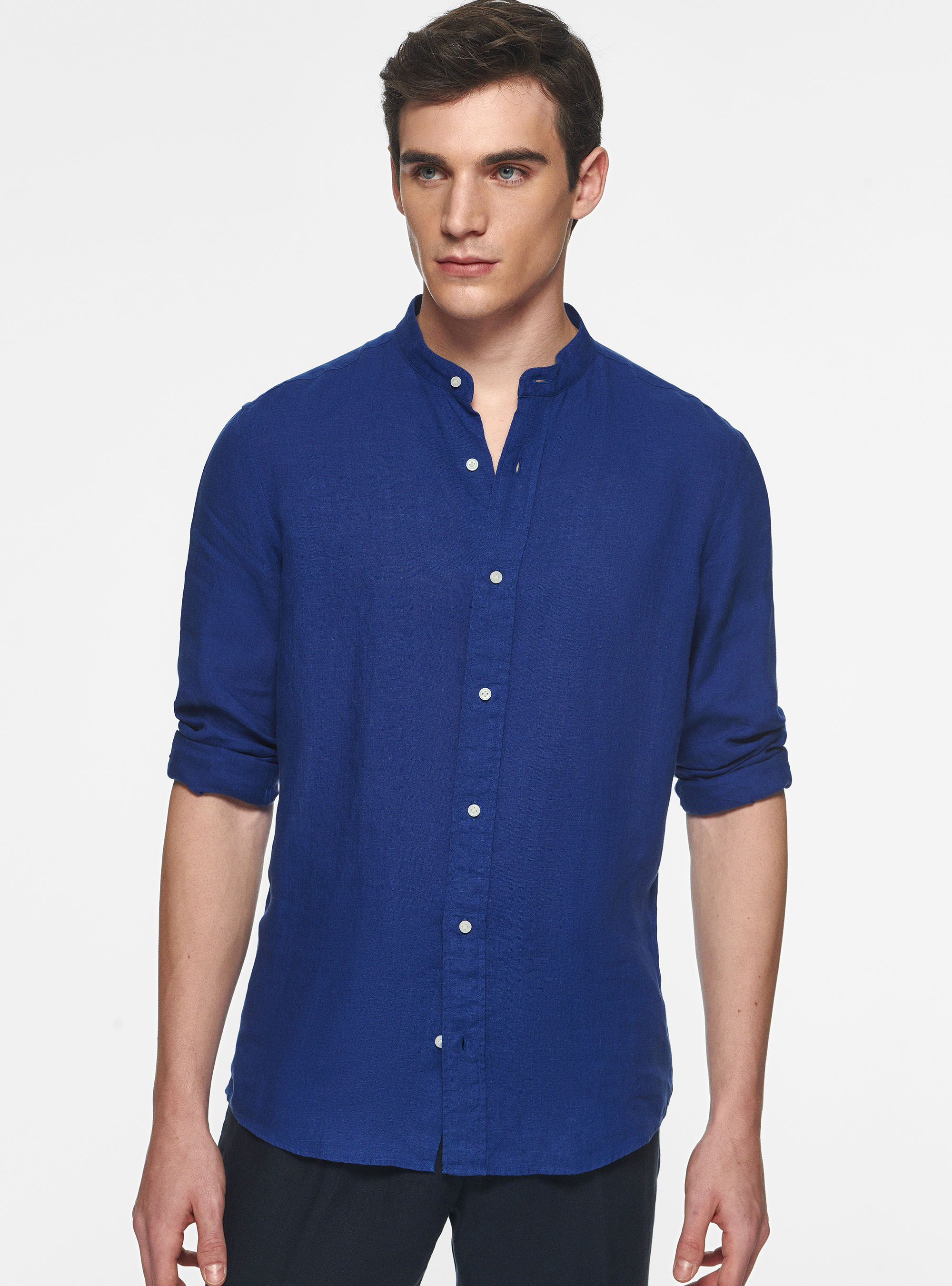 Camicia coreana in puro lino, BLU
