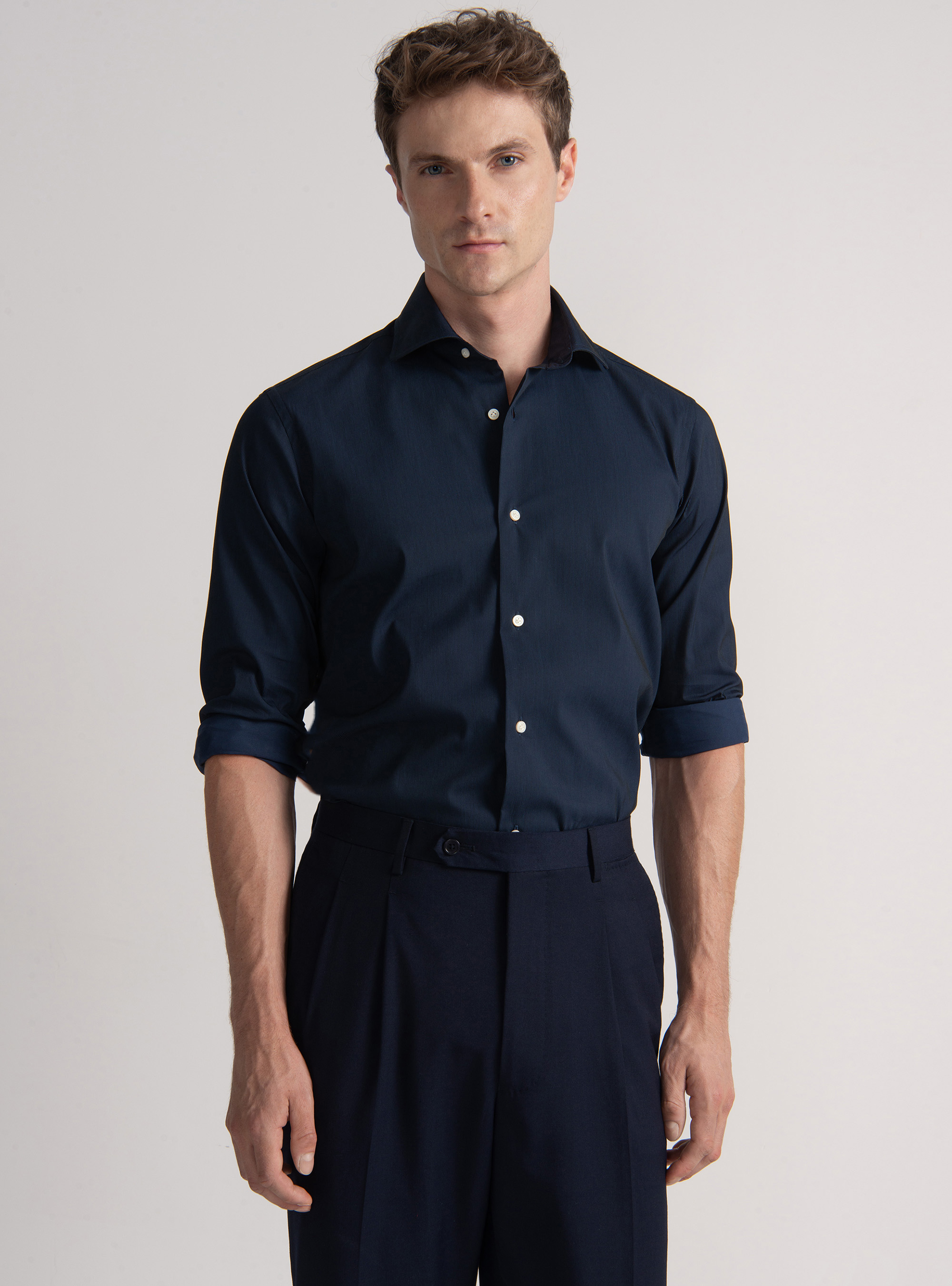 Camicia in cotone piquet stretch, BLU NAVY