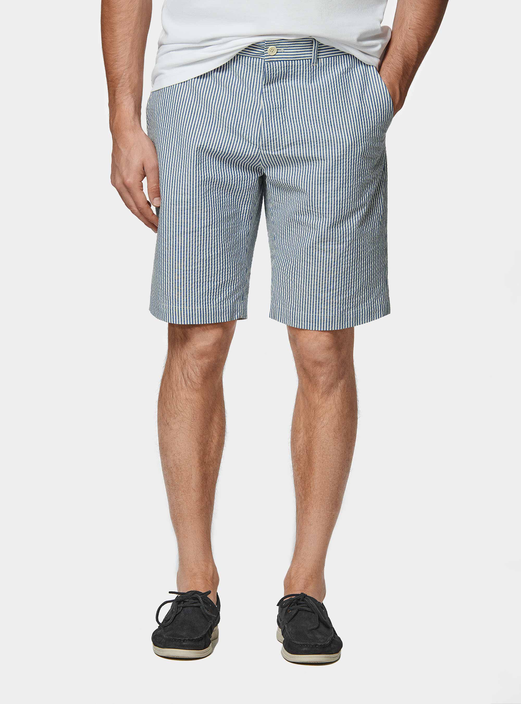 Bermuda seersucker in cotone stretch, BLU