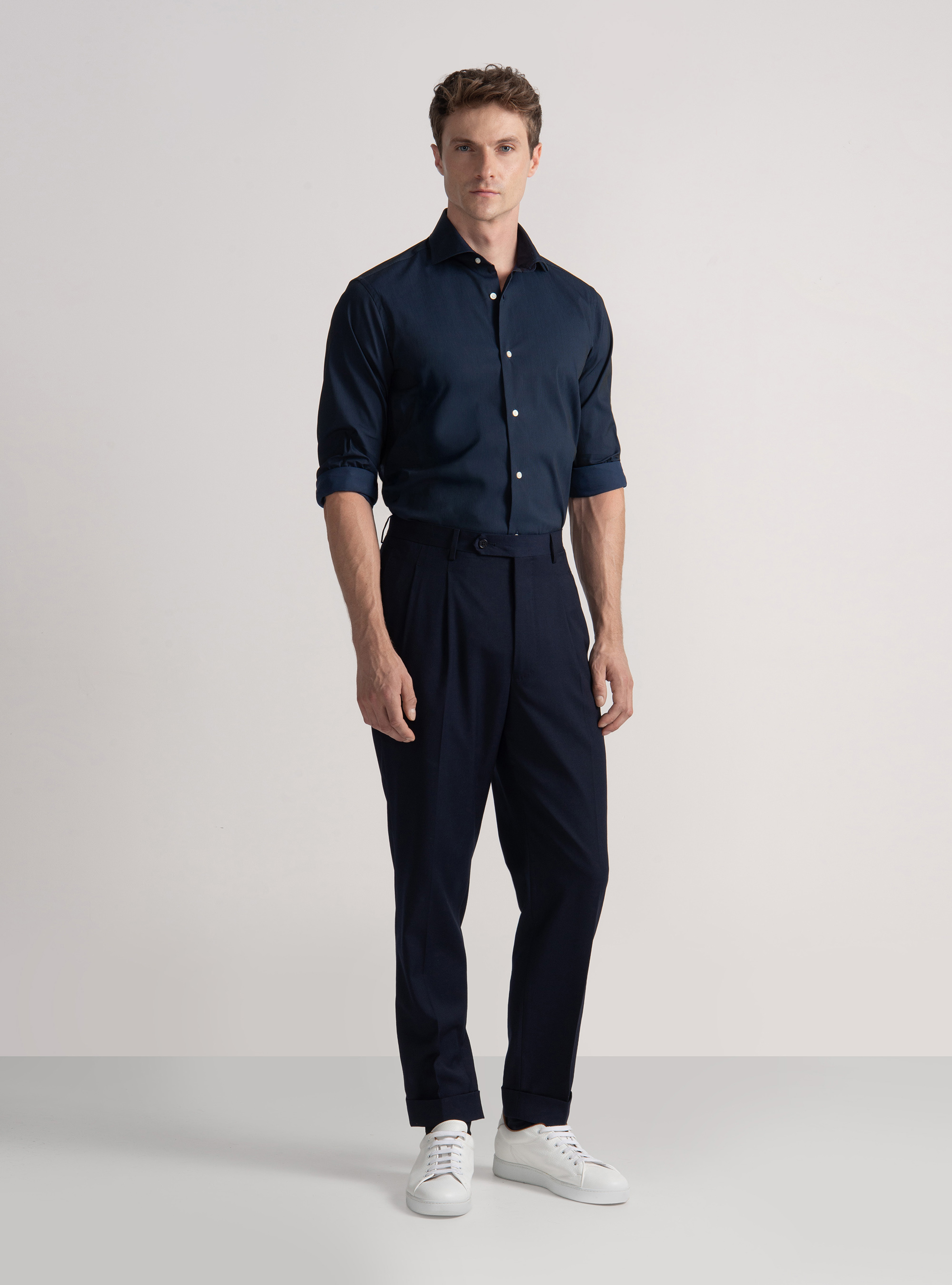 Camicia in cotone piquet stretch, BLU NAVY
