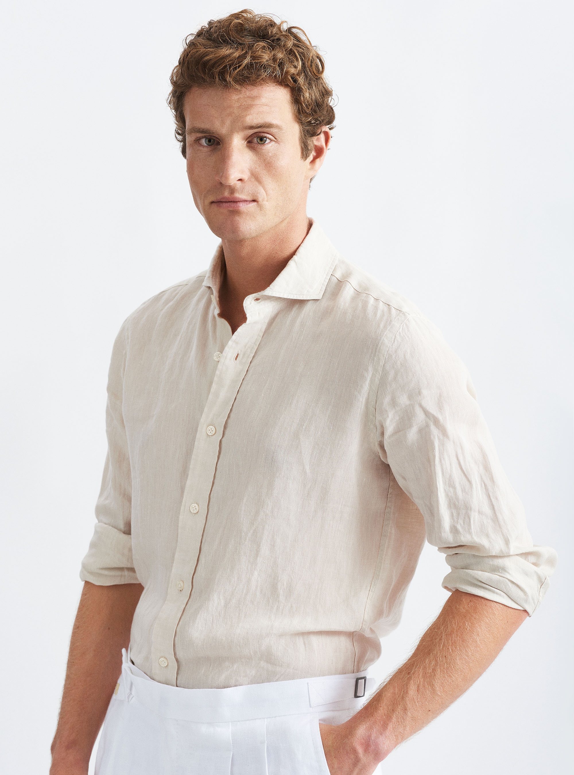 Camicia collo francese in lino, ECRU