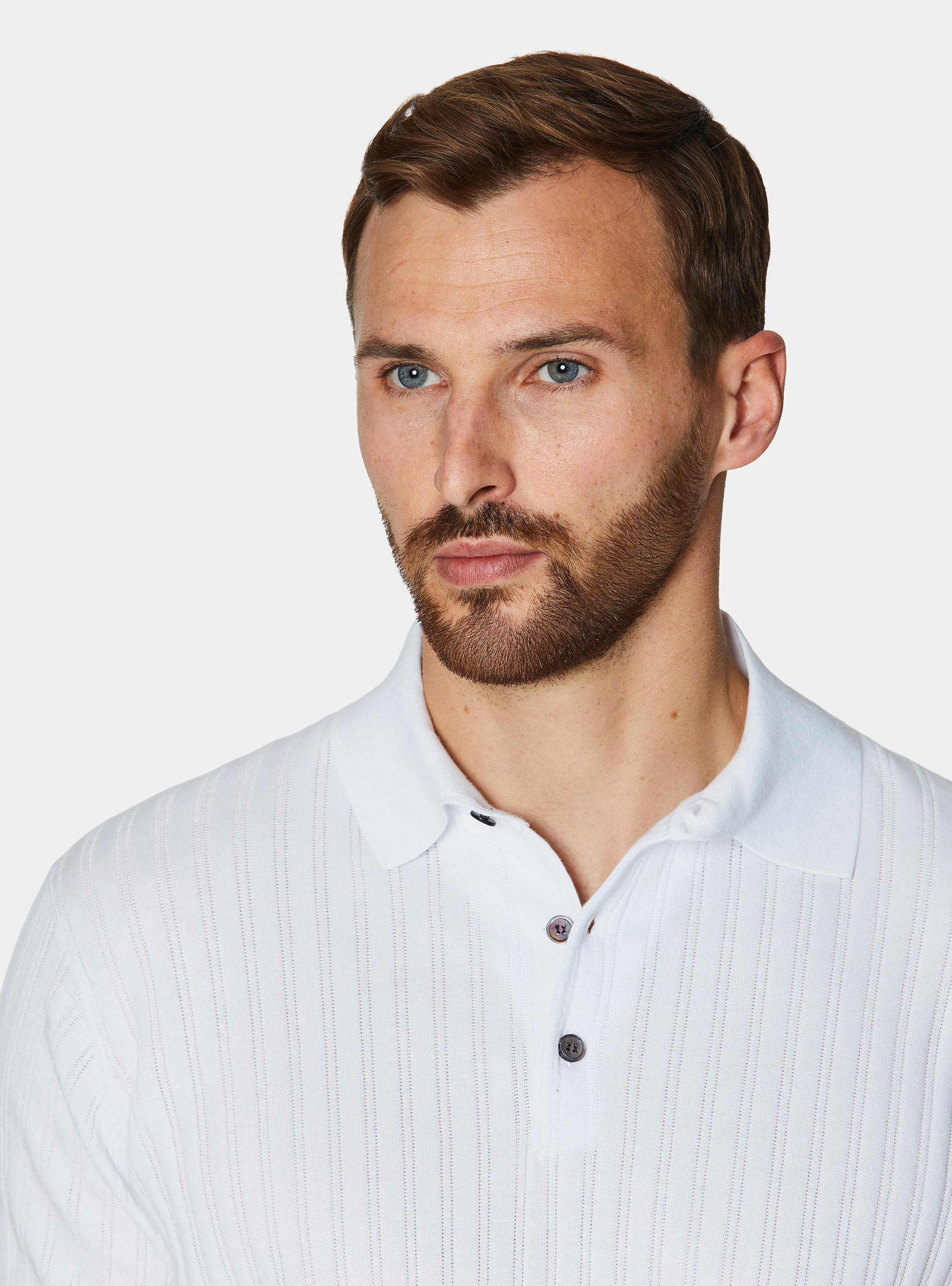Polo de punto de algod&oacute;n extrafino con canal&eacute; calado, BLANCO