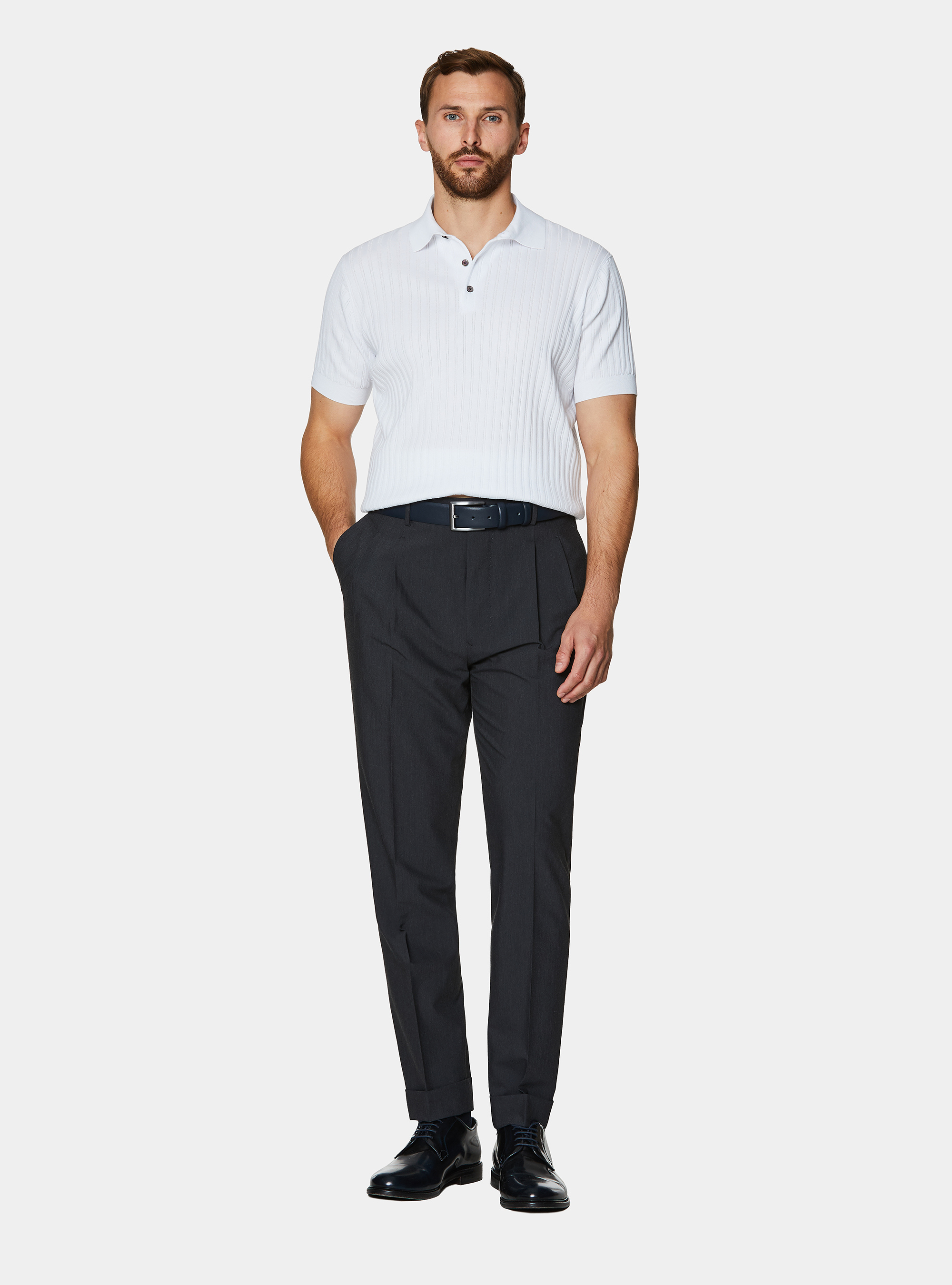 Polo de punto de algod&oacute;n extrafino con canal&eacute; calado, BLANCO