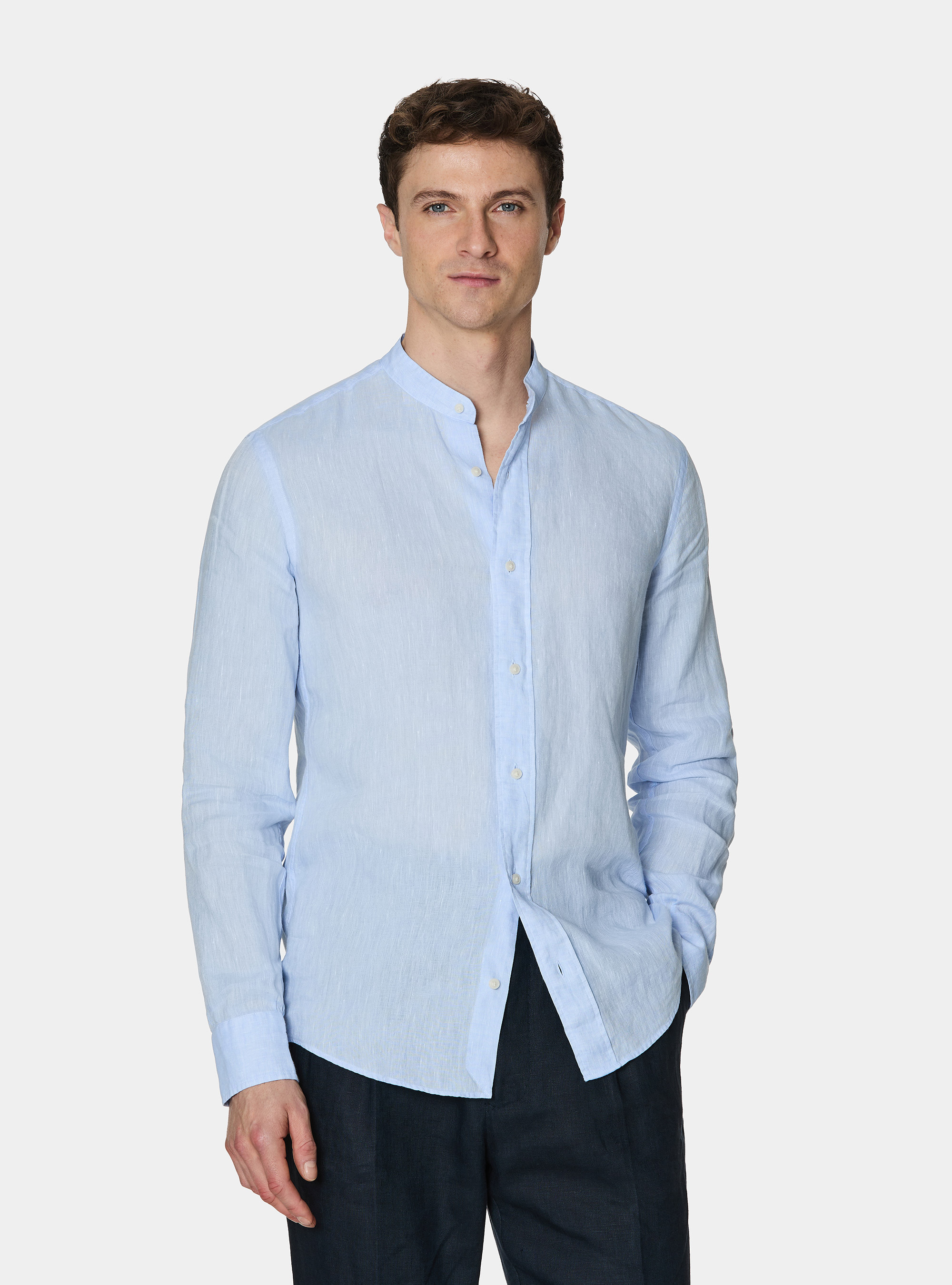 Korean shirt in pure linen, LIGHT BLUE