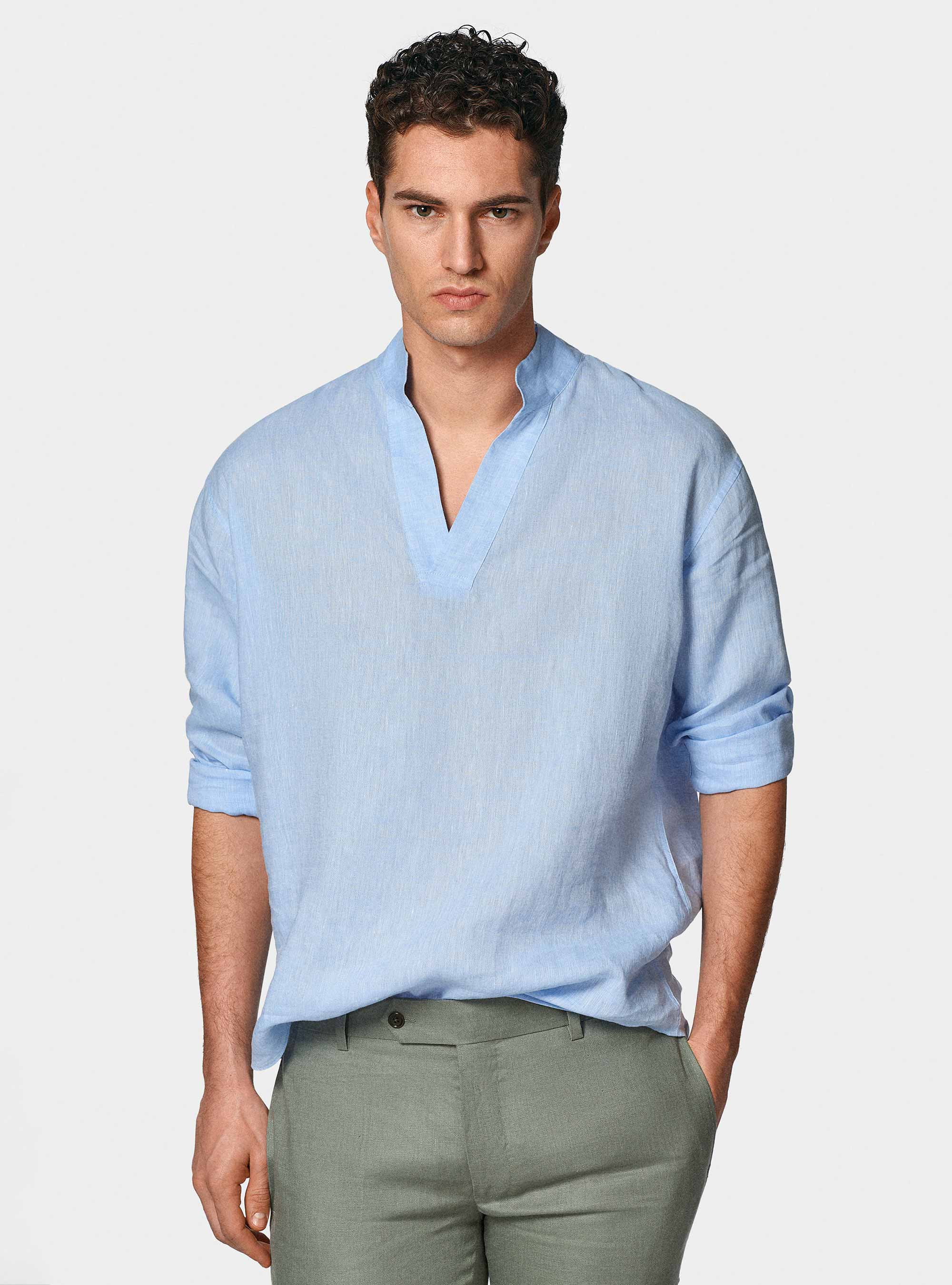 Camicia coreana in puro lino, AZZURRO