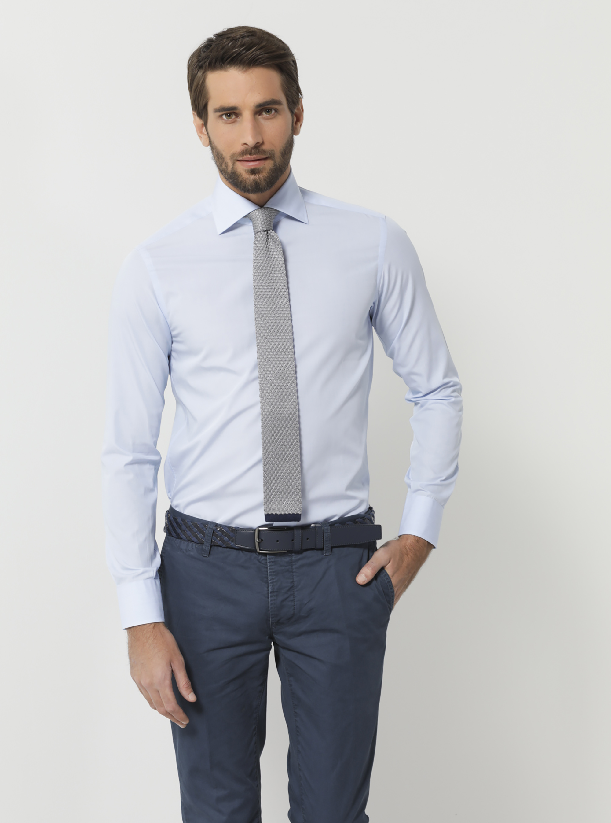 Fil a fil cotton Italian collar shirt, LIGHT BLUE