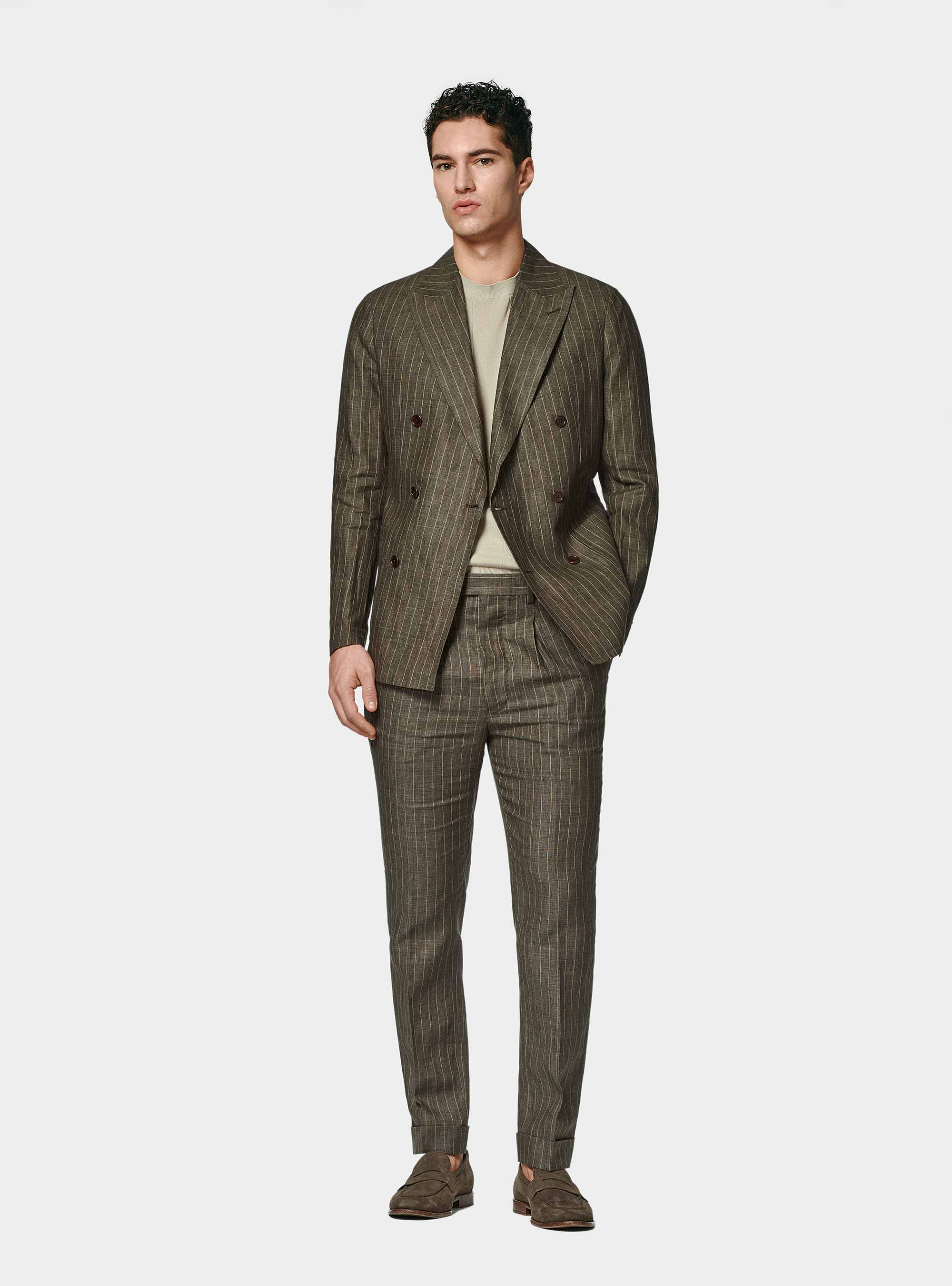 Double-breasted pinstripe suit trousers in delav&eacute; linen, BROWN