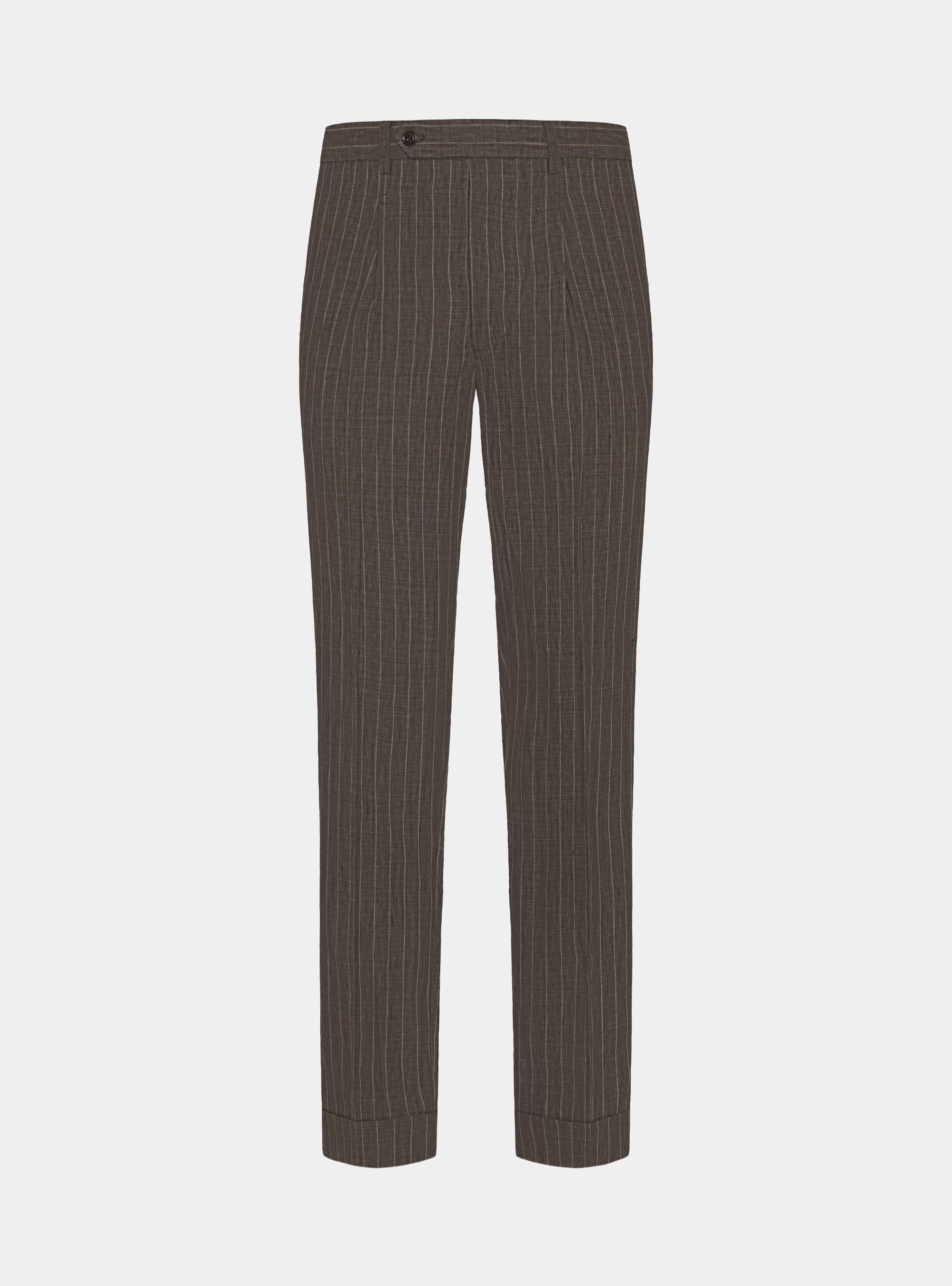 Double-breasted pinstripe suit trousers in delav&eacute; linen, BROWN