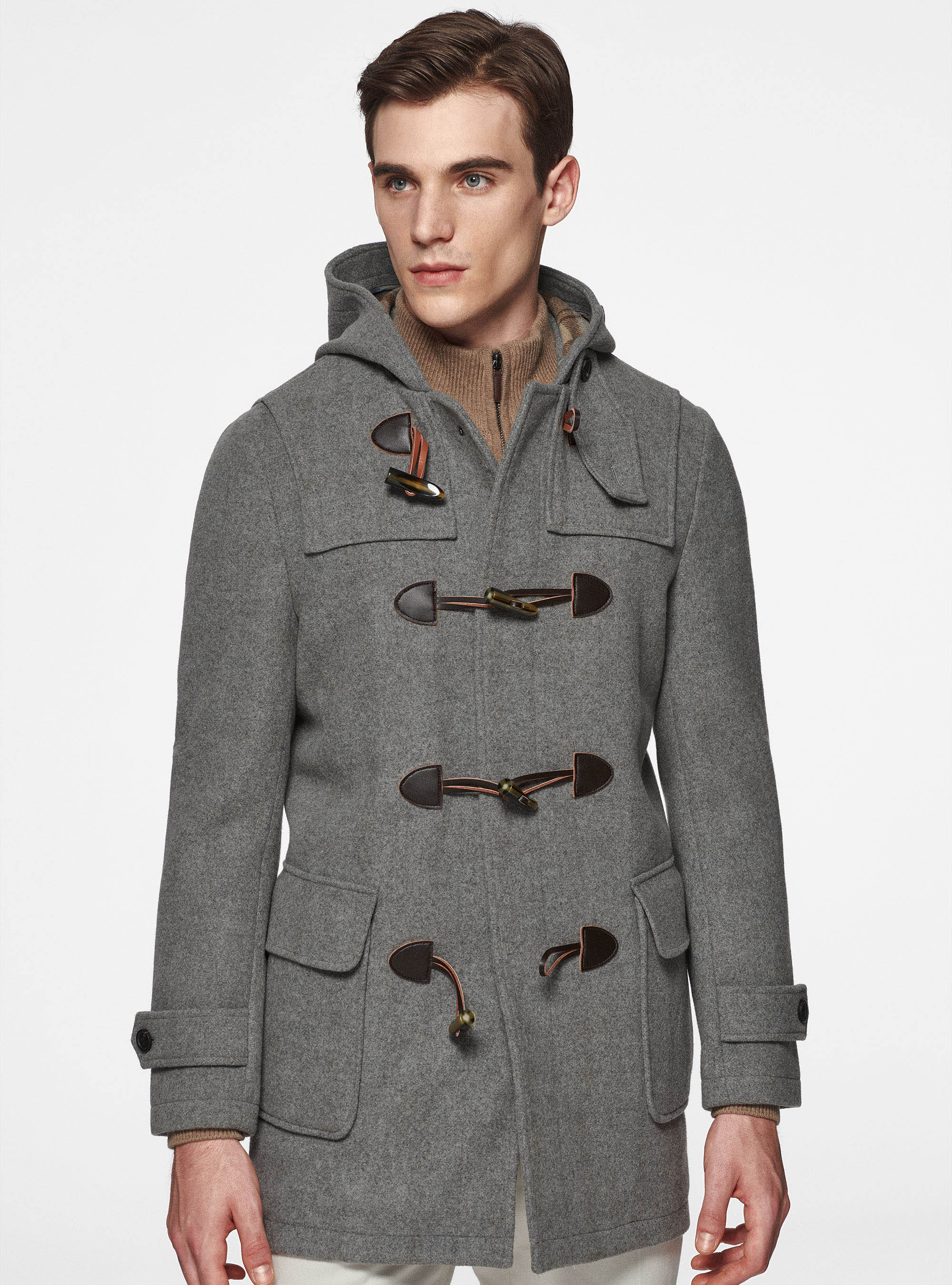 Wool-blend Montgomery duffel coat with checked interior, GRIGIO MELANGE 0151C