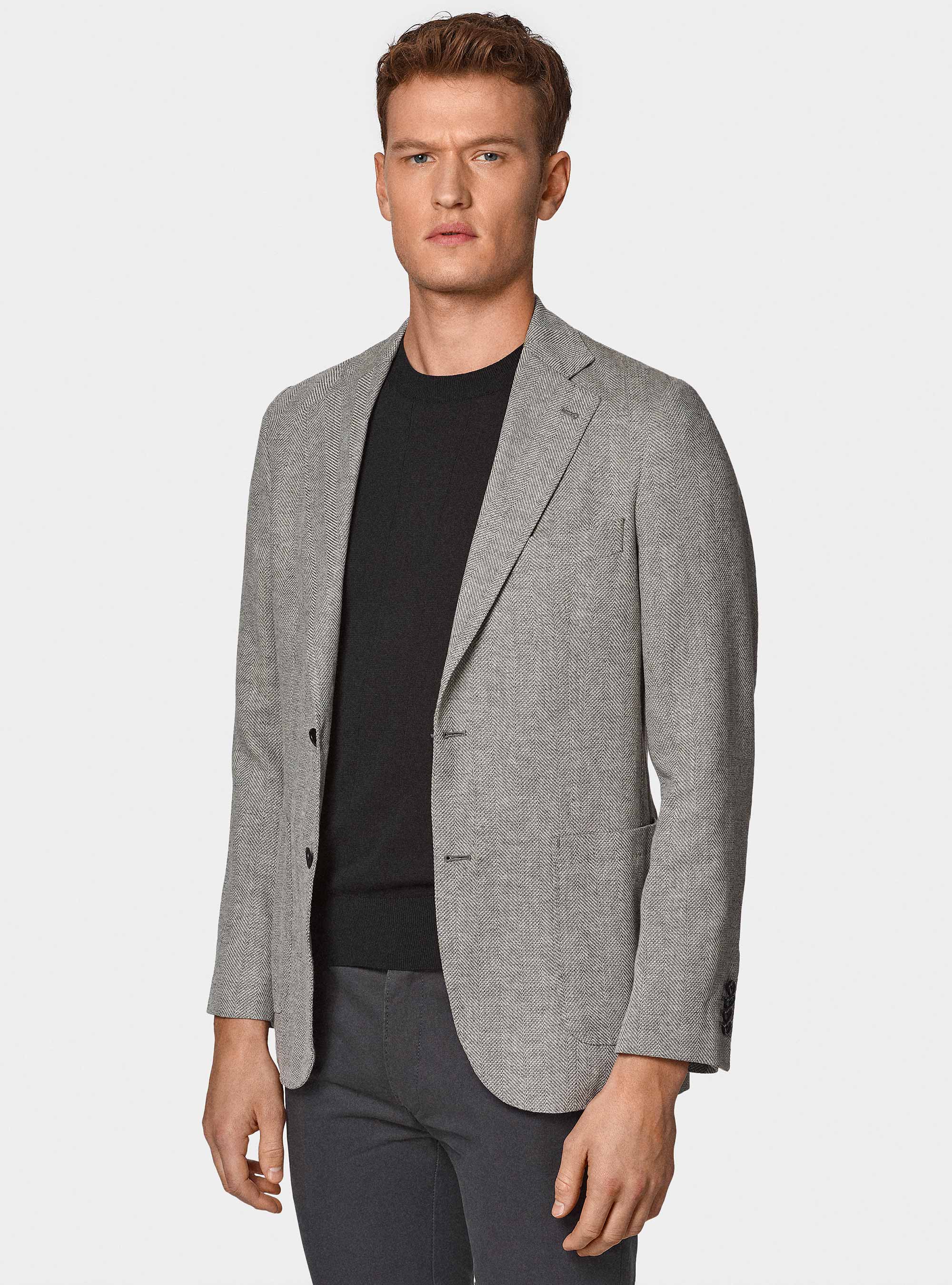 Herringbone blazer in linen and cotton, GREY