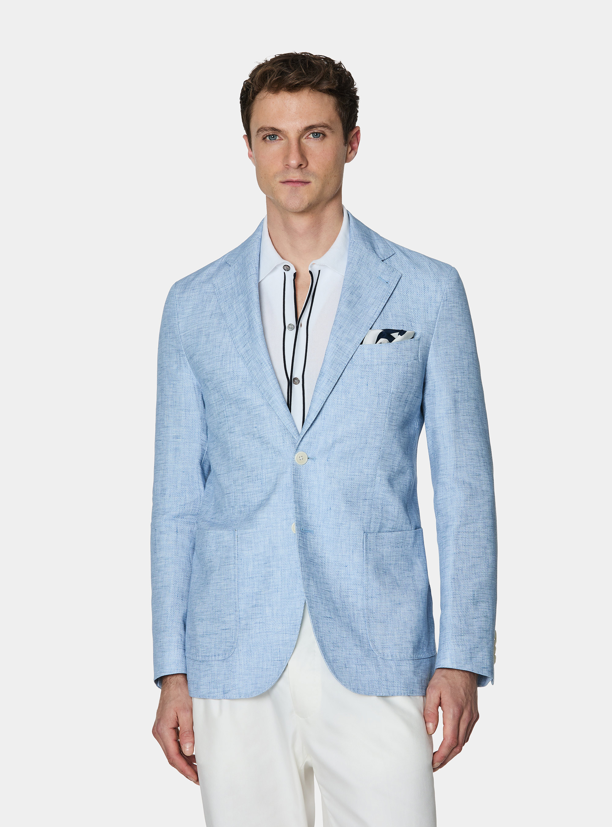 Blazer in cotton and slubbed linen, LIGHT BLUE