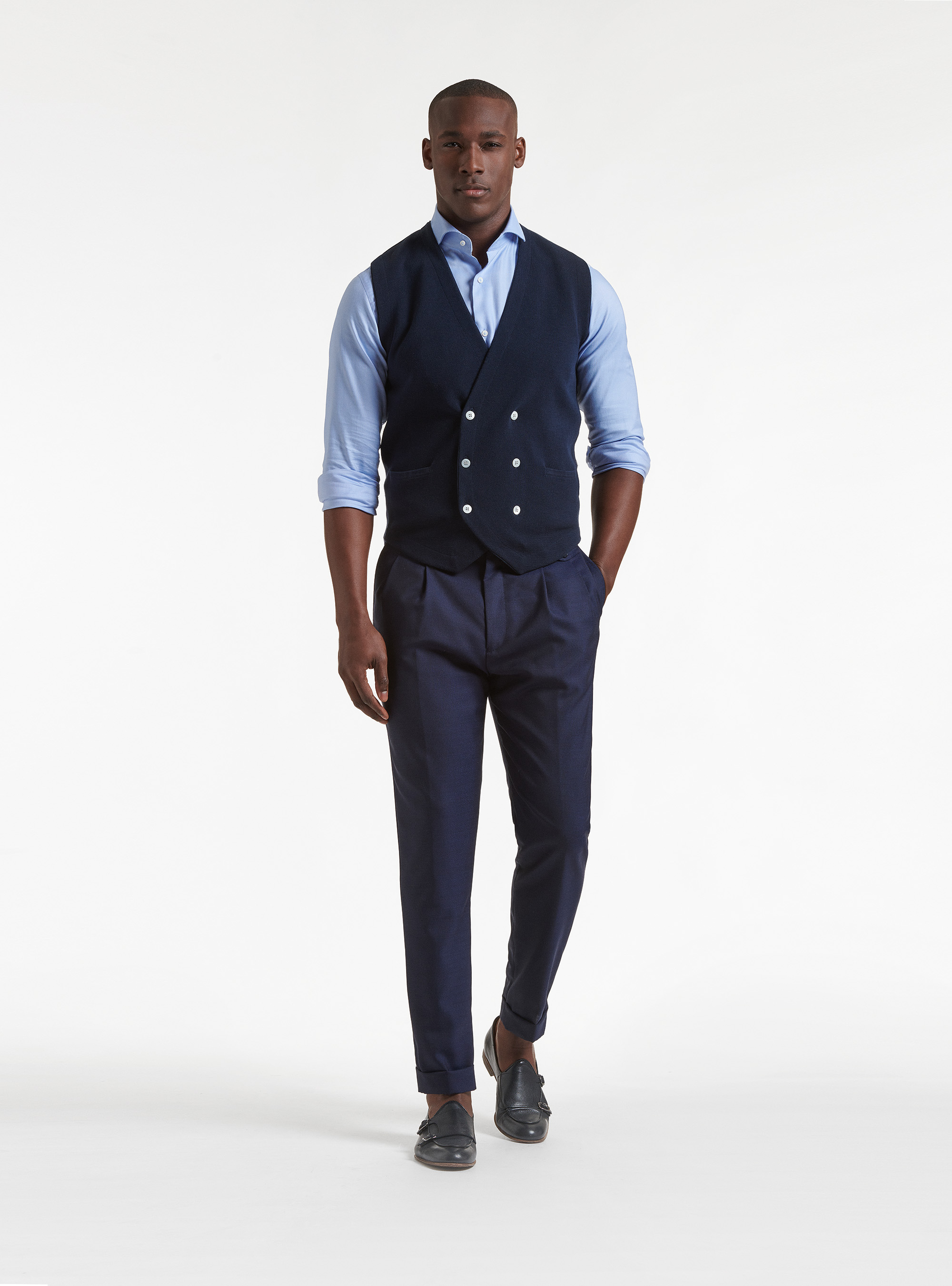 Pure cotton knitted double-breasted waistcoat, NAVY BLUE