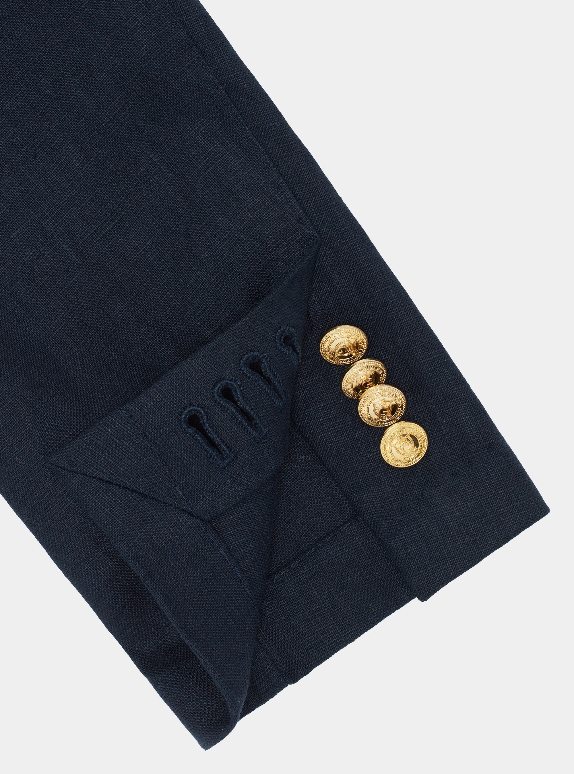 Veste crois&eacute;e en lin avec bouton m&eacute;tallique, BLEU MARINE