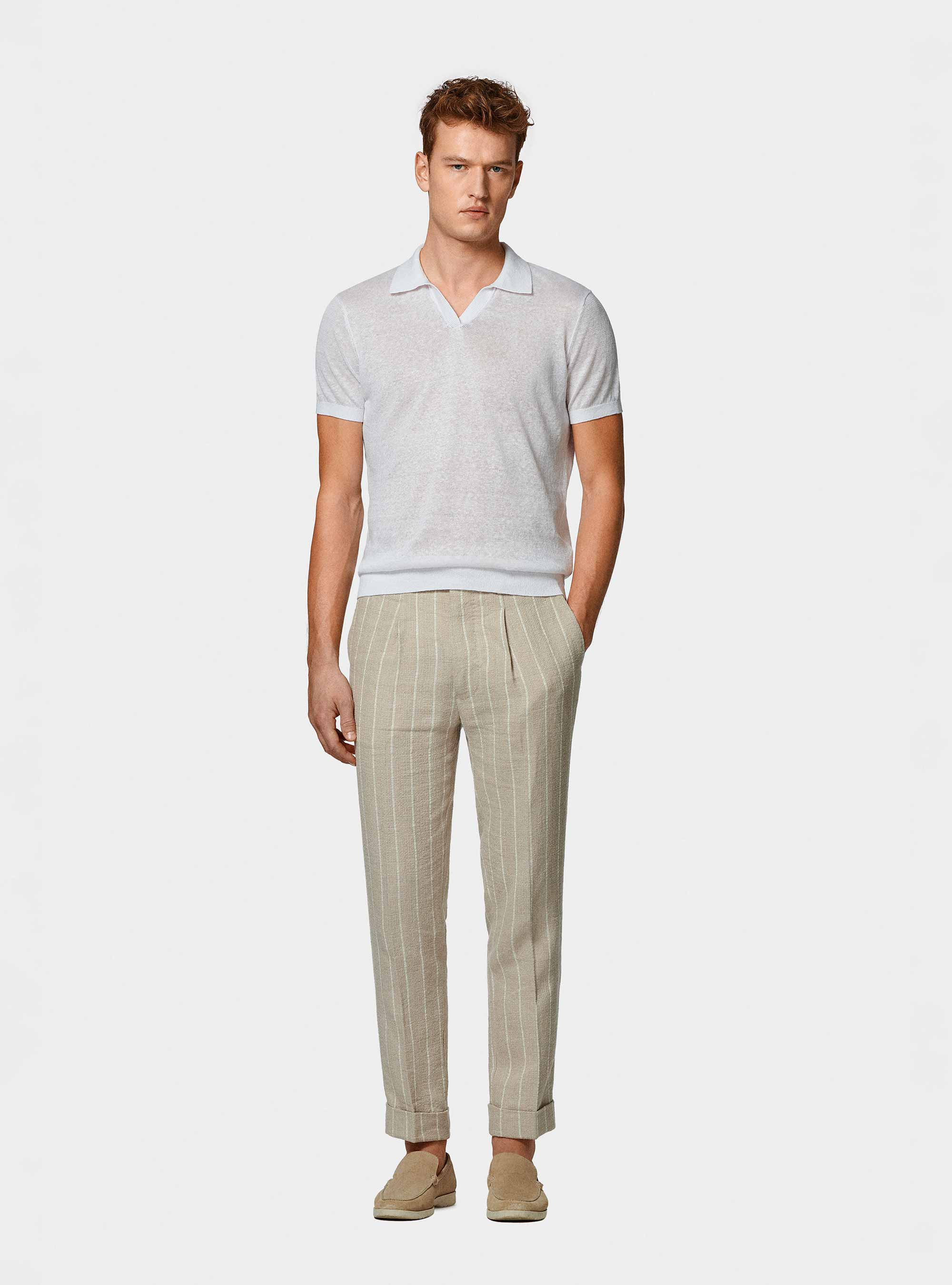 Buttonless knitted polo shirt in pure linen, WHITE