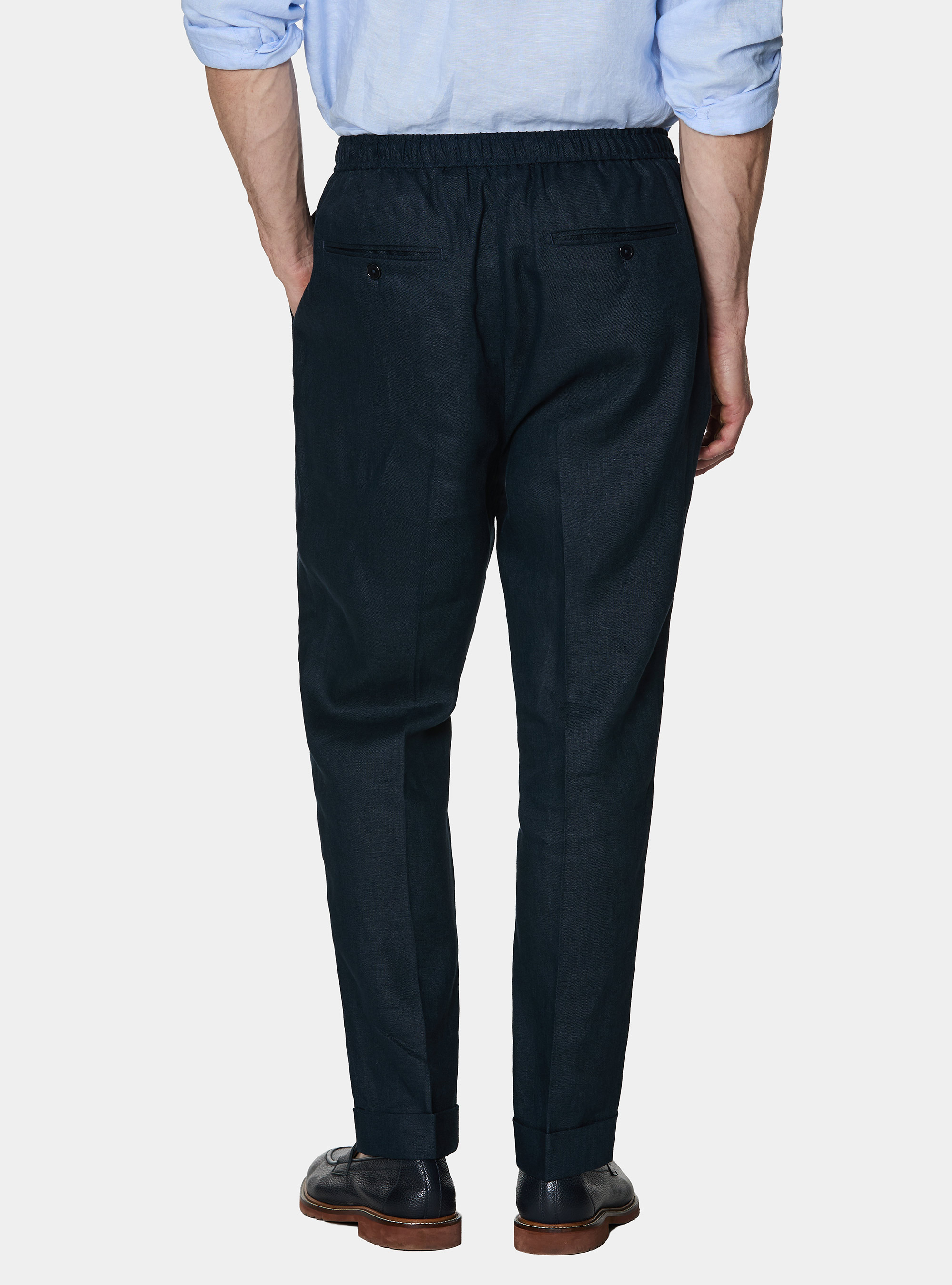 Pure linen trousers with pleat and drawstring, NAVY BLUE