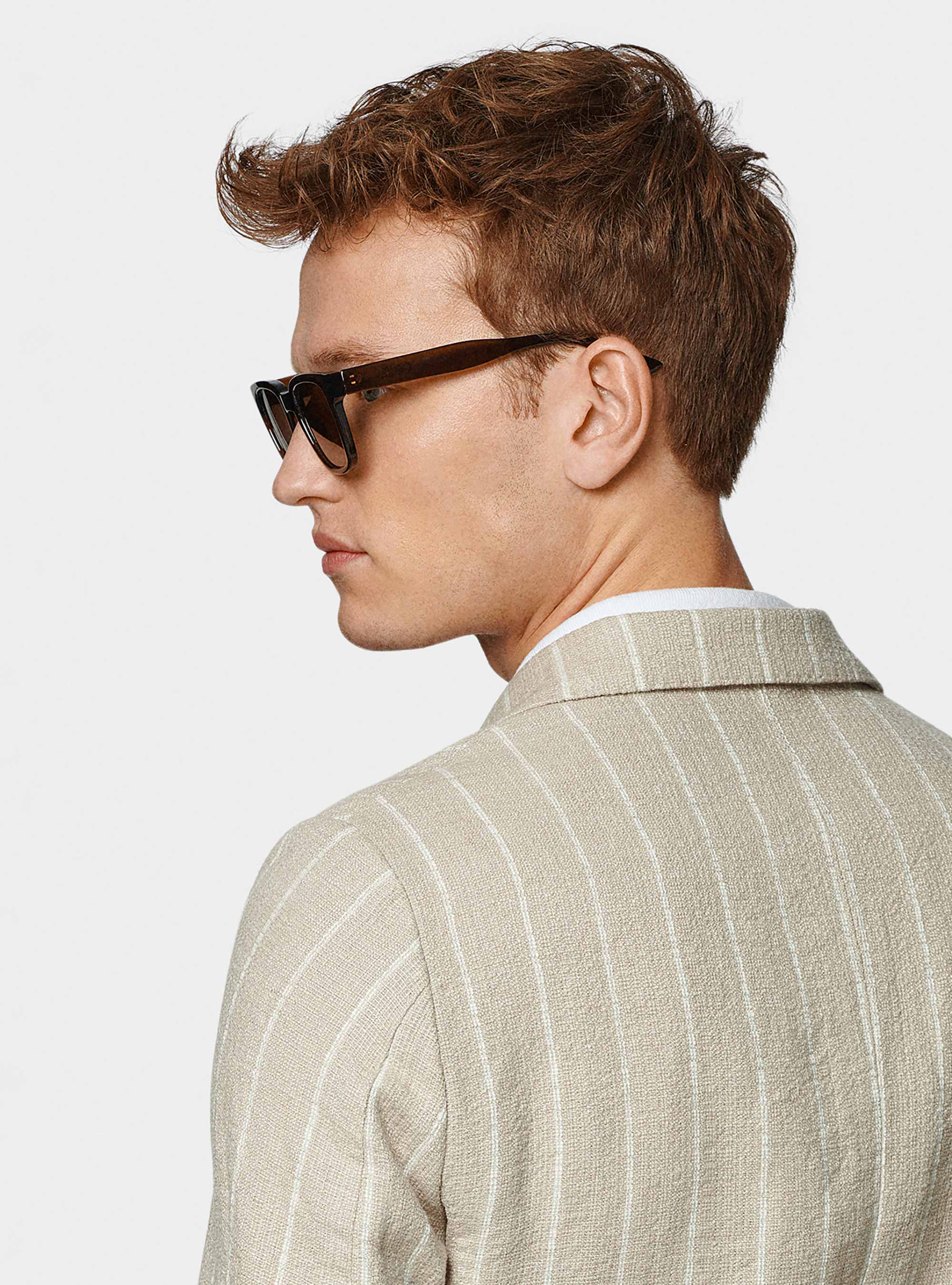 Giacca abito rigato in puro lino crepe, SABBIA