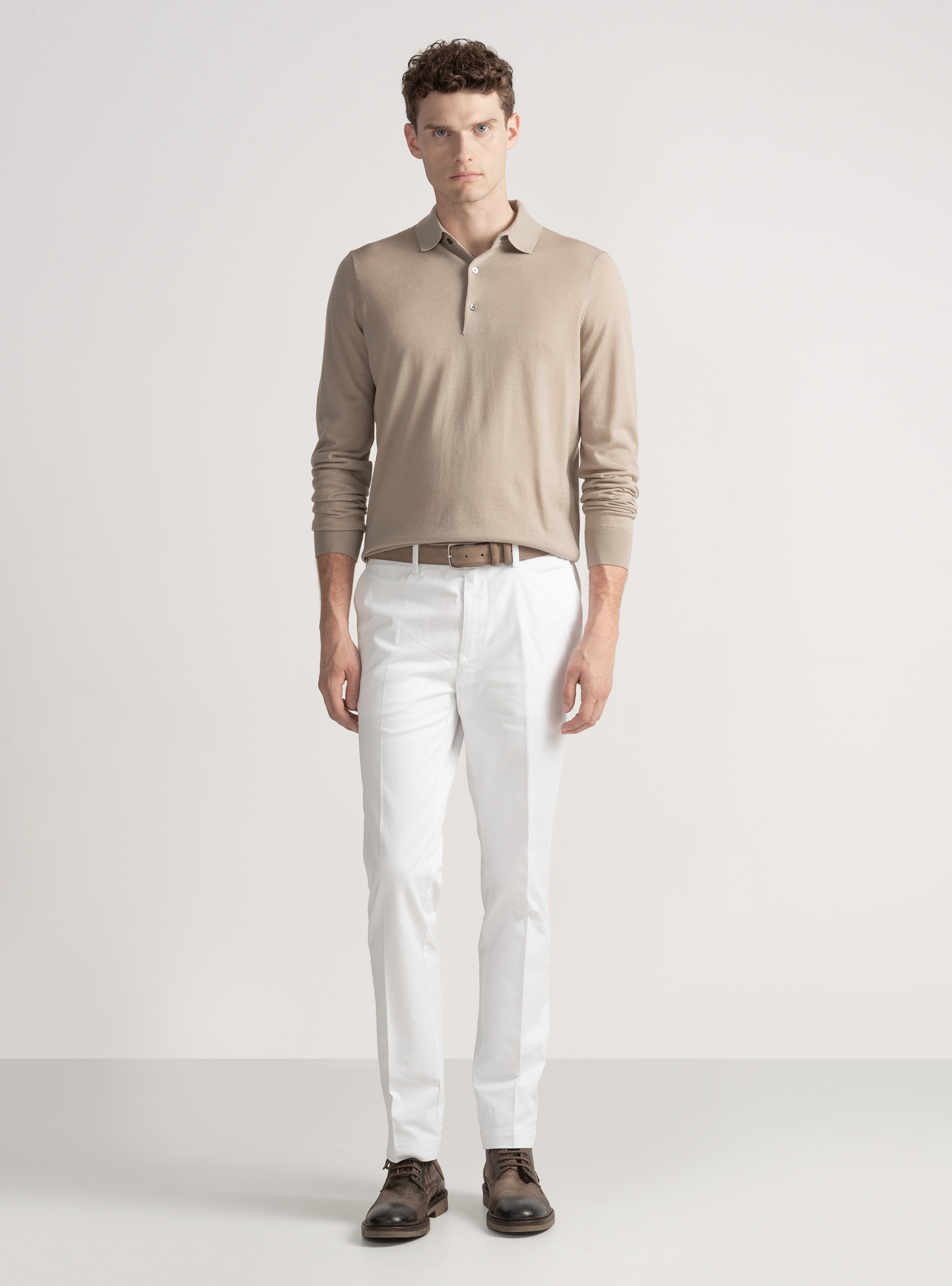 Extra-fine merino wool polo shirt, SAND