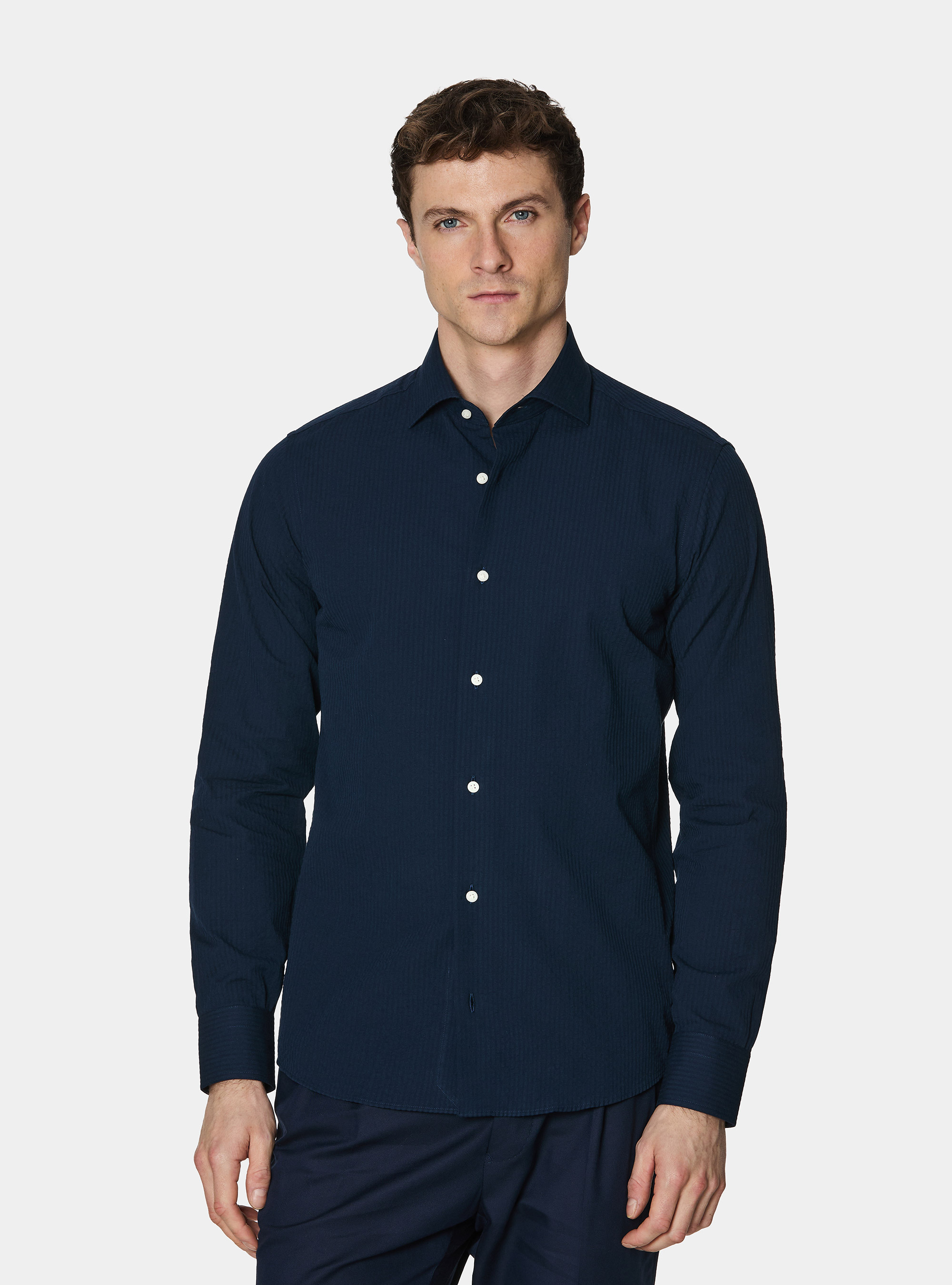 Seersucker cotton shirt, NAVY BLUE