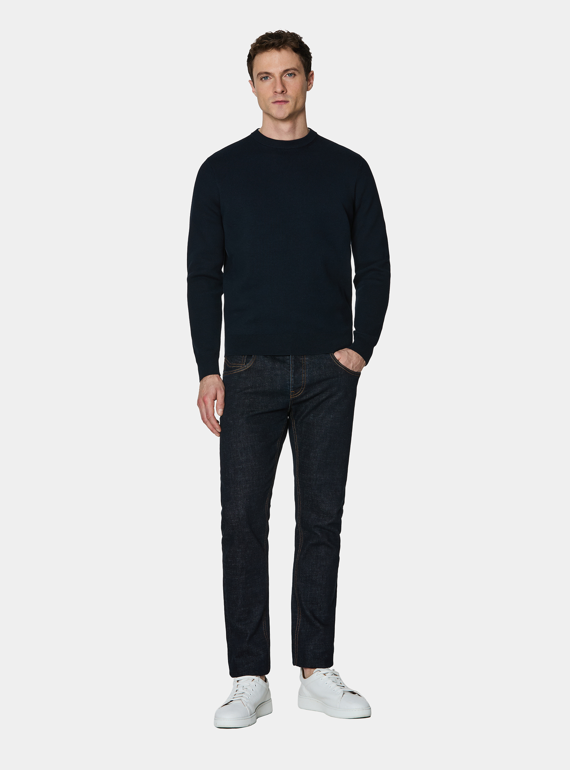 Cotton blend crew neck sweater, NAVY BLUE