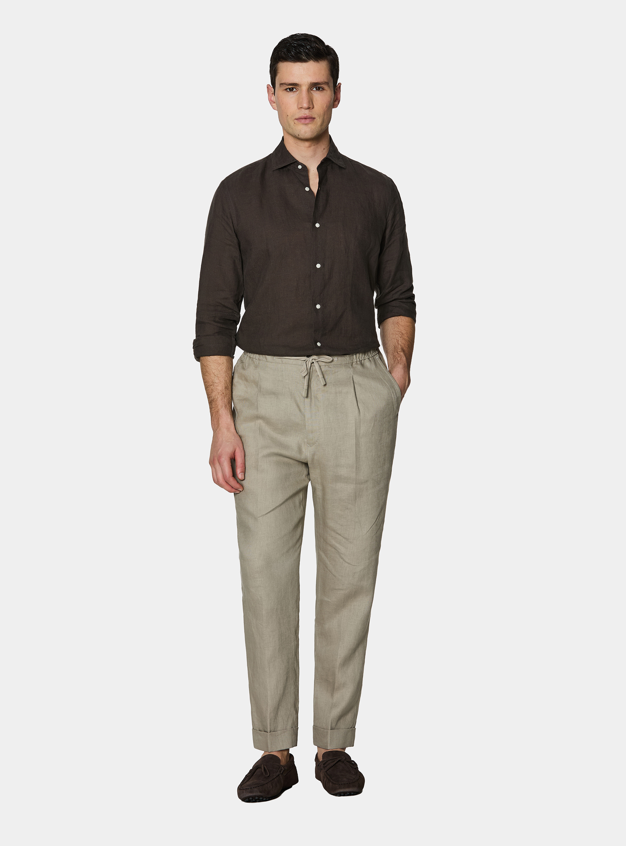 Pure linen trousers with pleat and drawstring, SAND