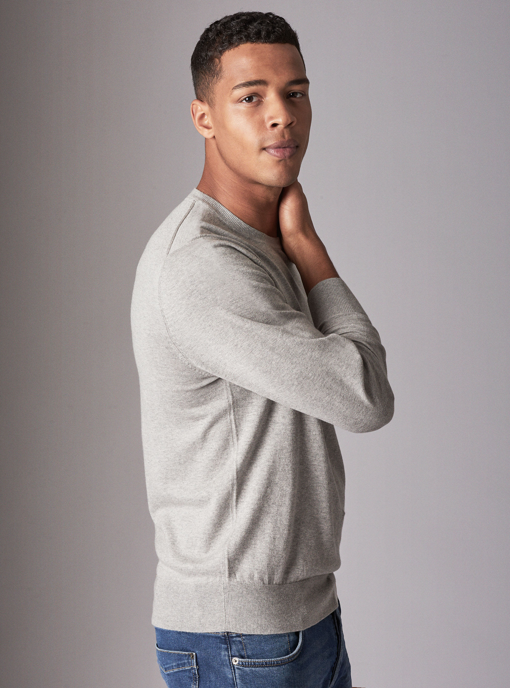Maglia girocollo basica in cotone seta e cashmere, GRIGIO CHIARO MELANGE