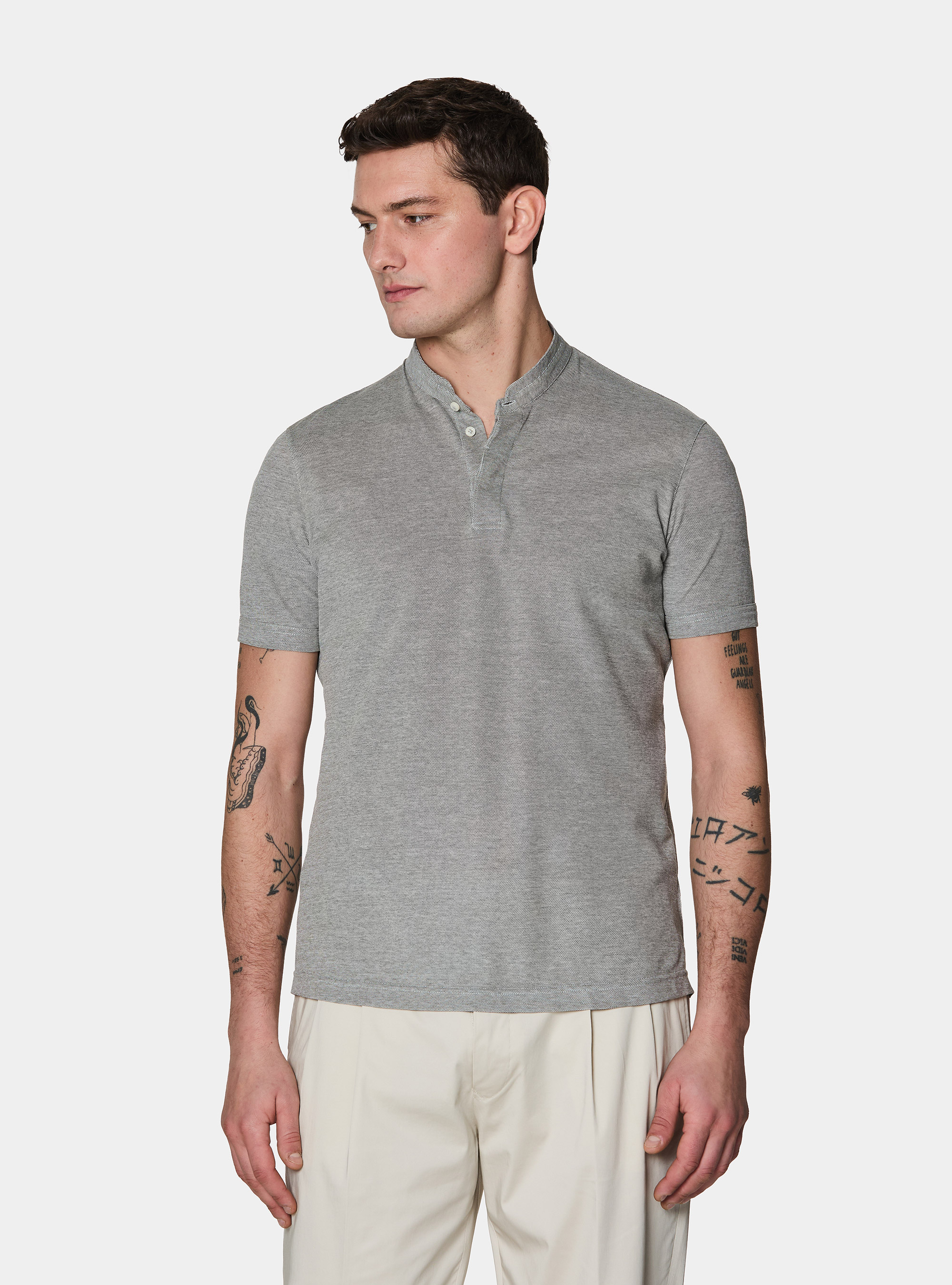 Polo collo coreano in misto cotone stretch, VERDE SALVIA 0604C