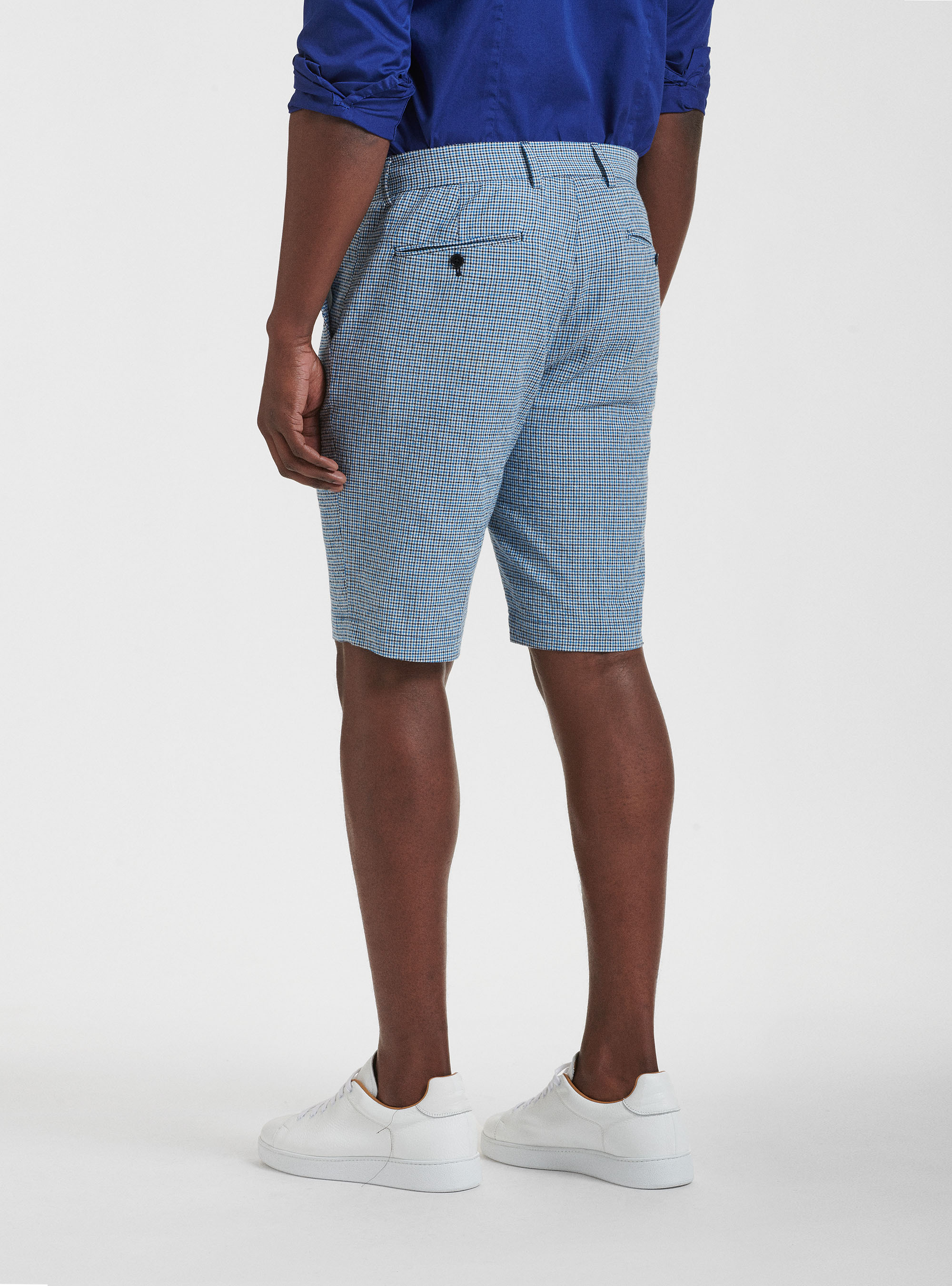 Bermuda in cotone e lino seersucker a quadretti, BLU
