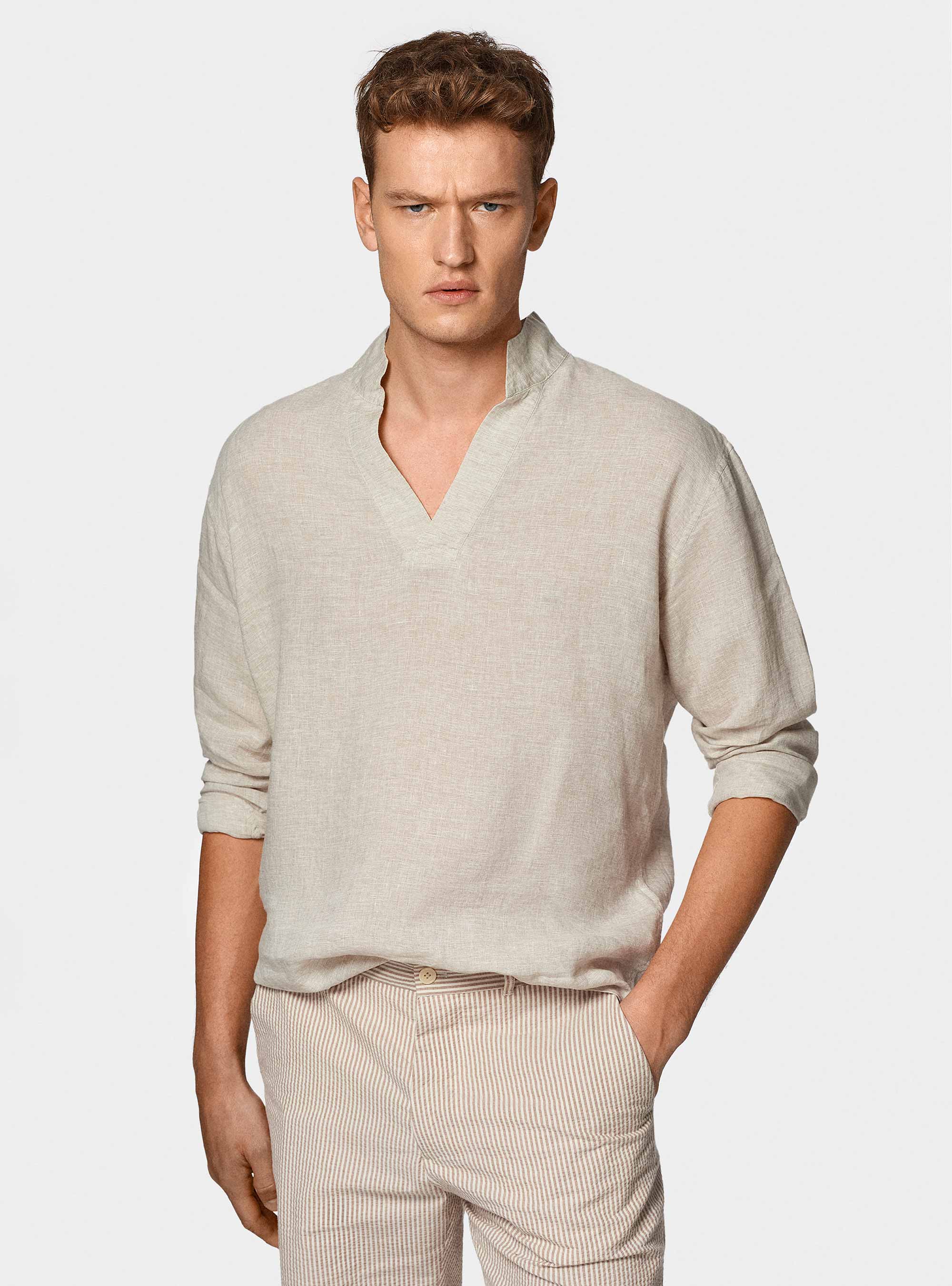 Camicia coreana in puro lino, ECRU MELANGE 0562C
