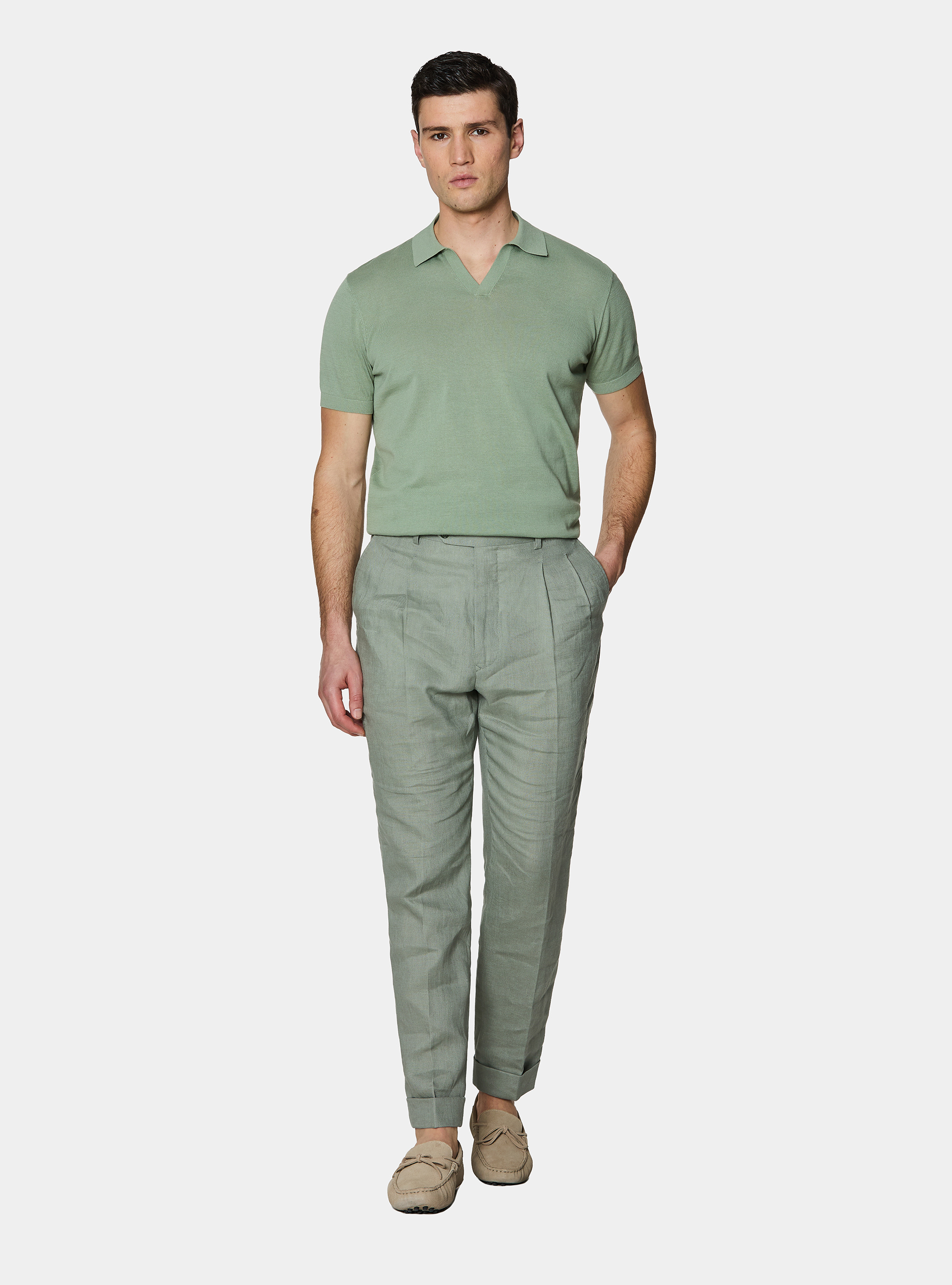 Pantal&oacute;n de lino puro con doble pinza, SALVIA 0602C