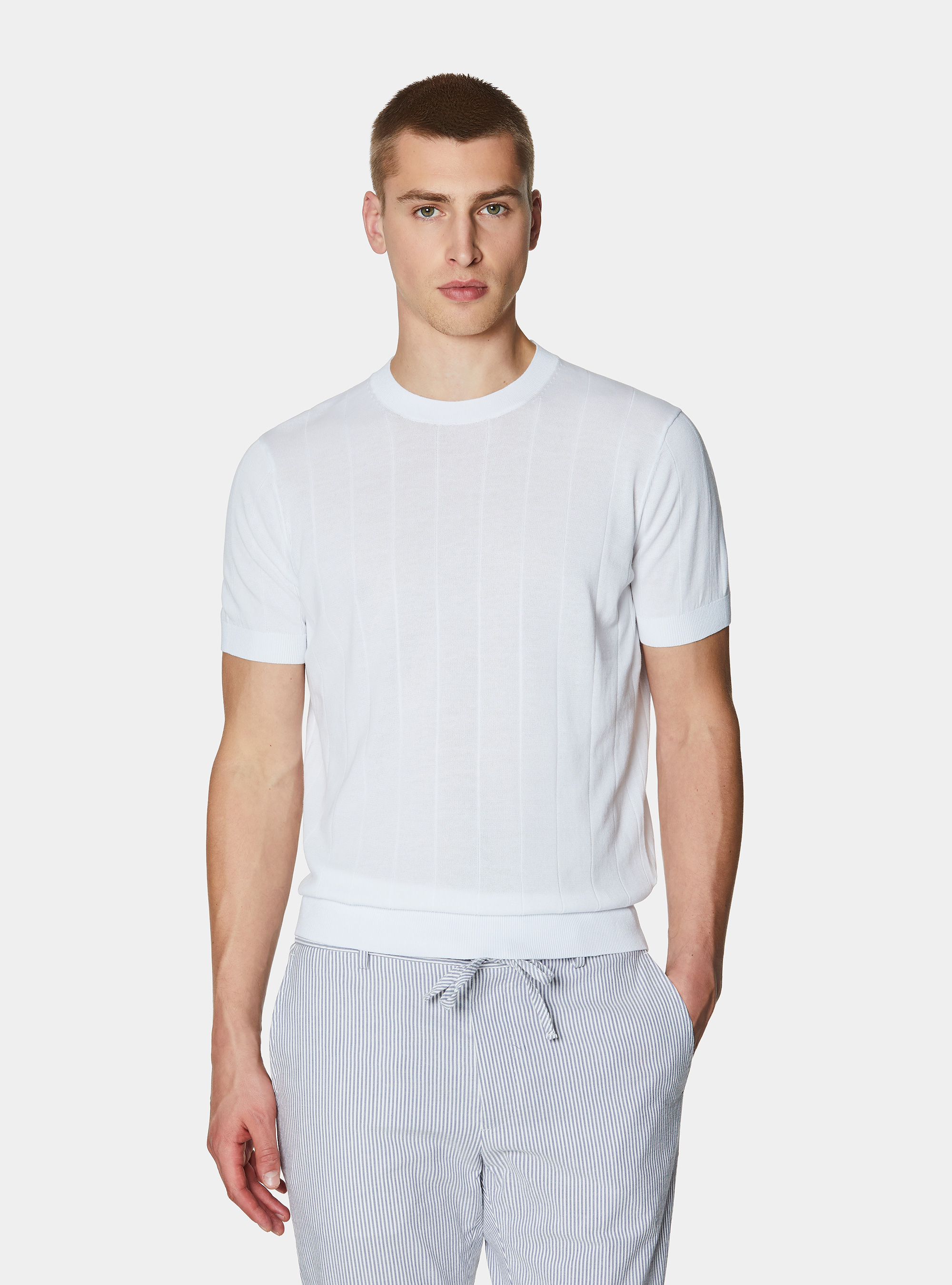 Pure cotton flat-ribbed sweater, WHITE
