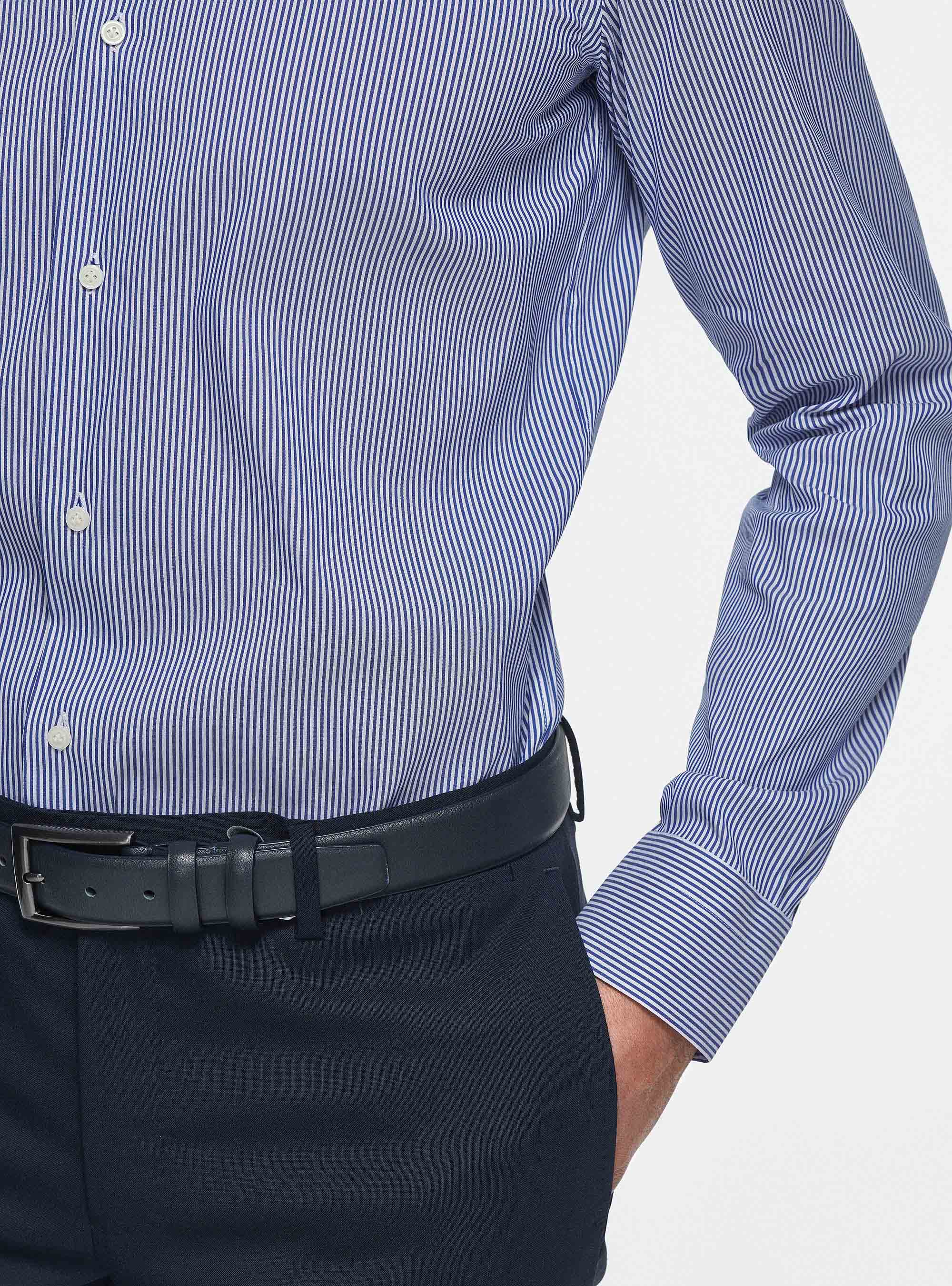 Chemise &agrave; rayures en popeline stretch, BLEU