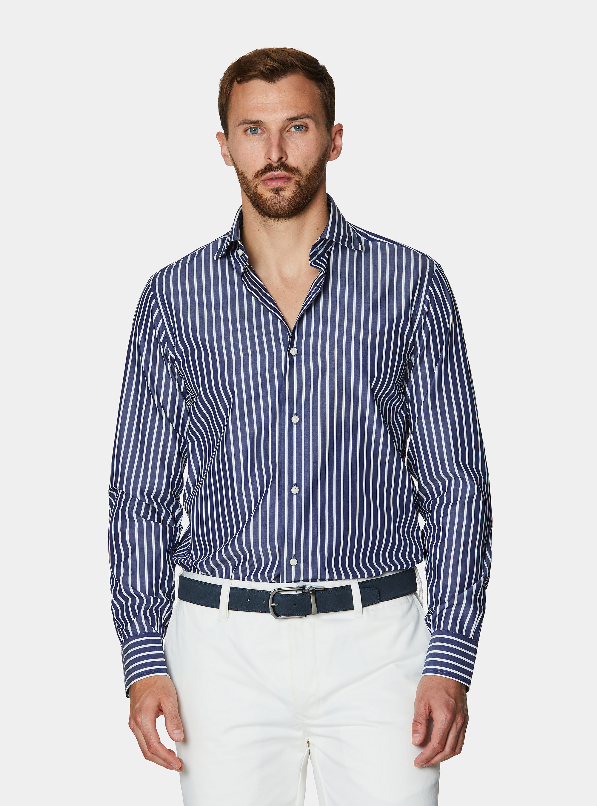 Striped cotton poplin shirt, NAVY BLUE