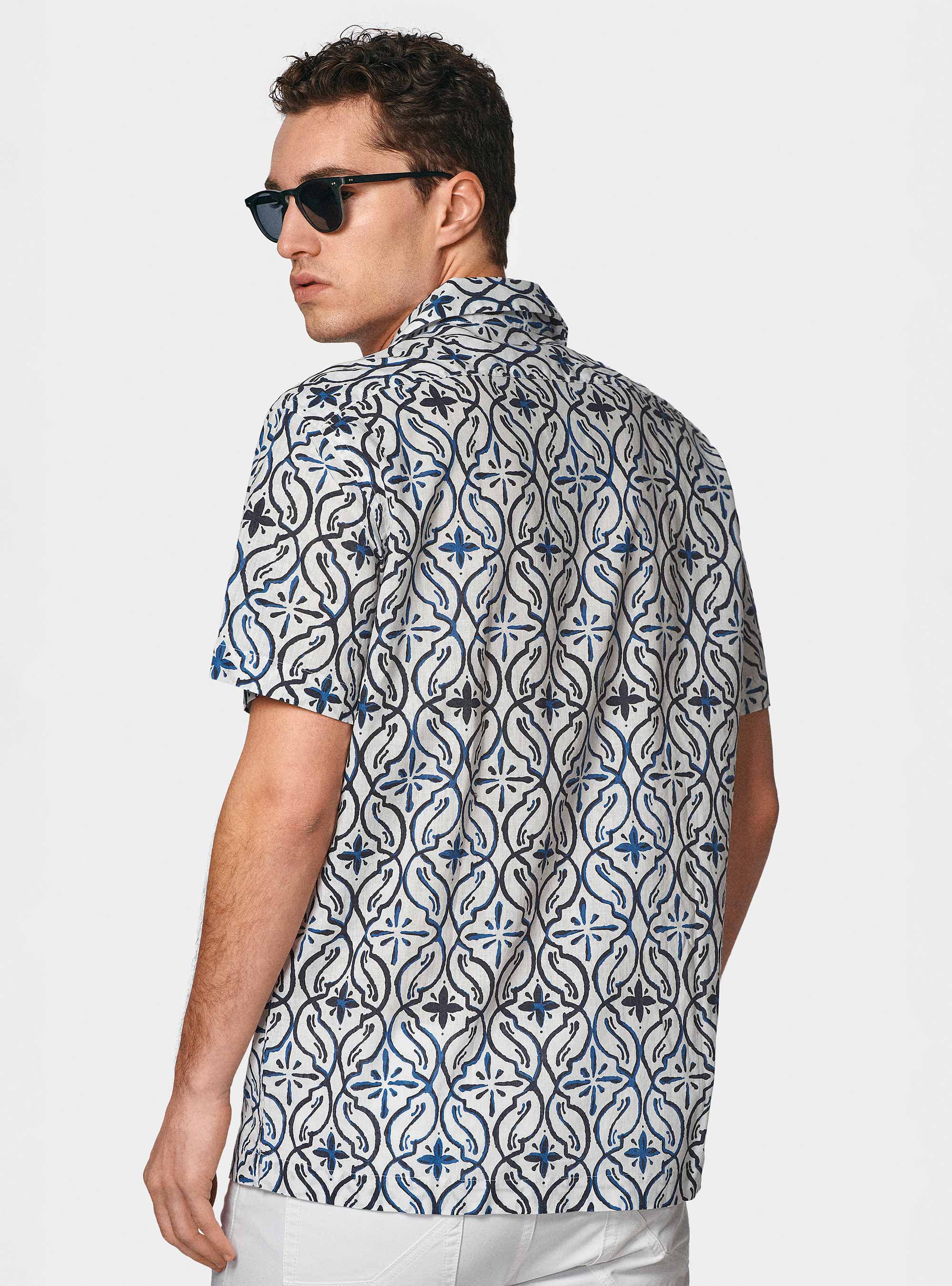 Bowling shirt in linen and printed cotton, NAVY BLUE