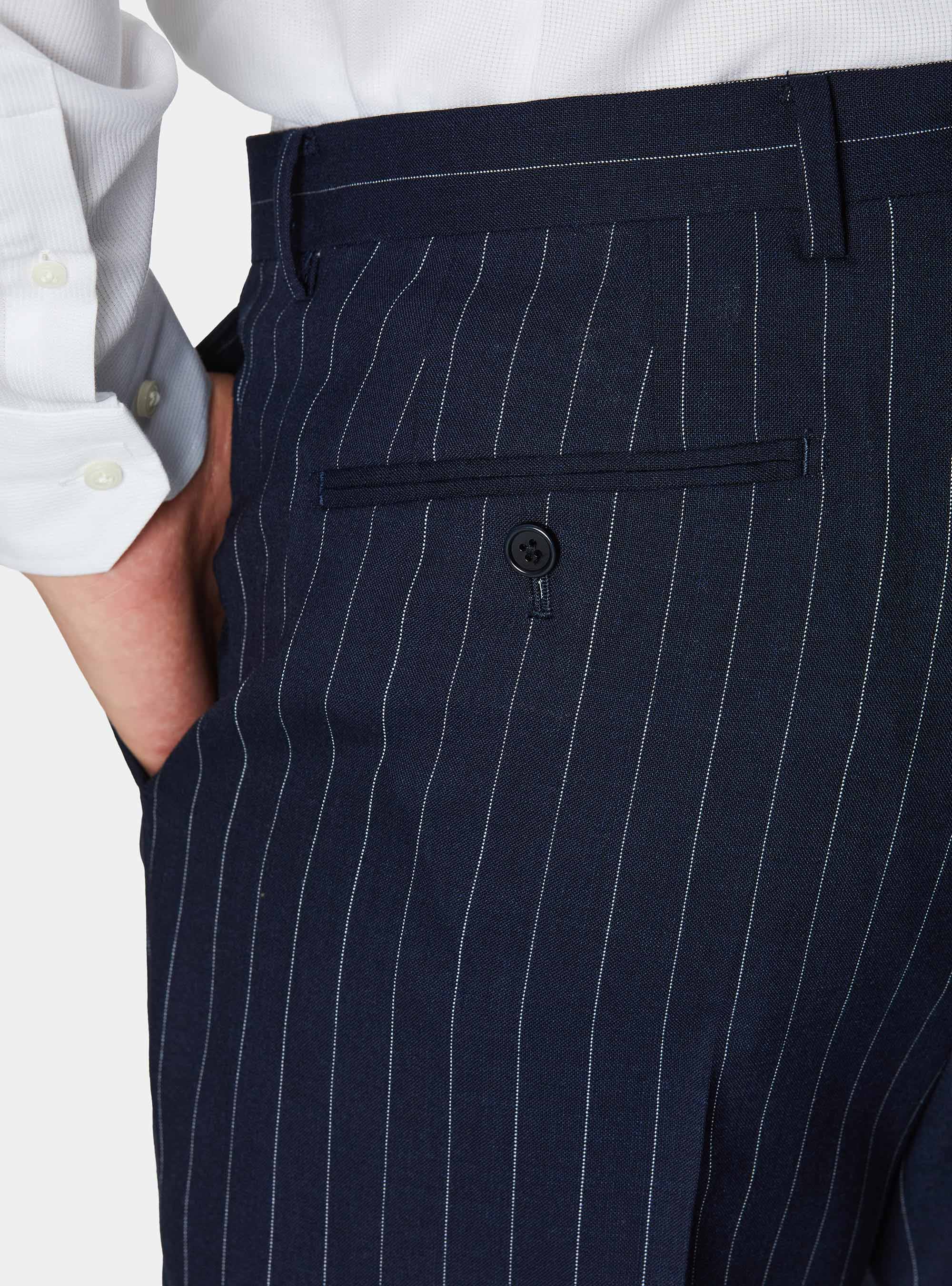 Double-breasted pinstriped wool suit trousers, NAVY BLUE