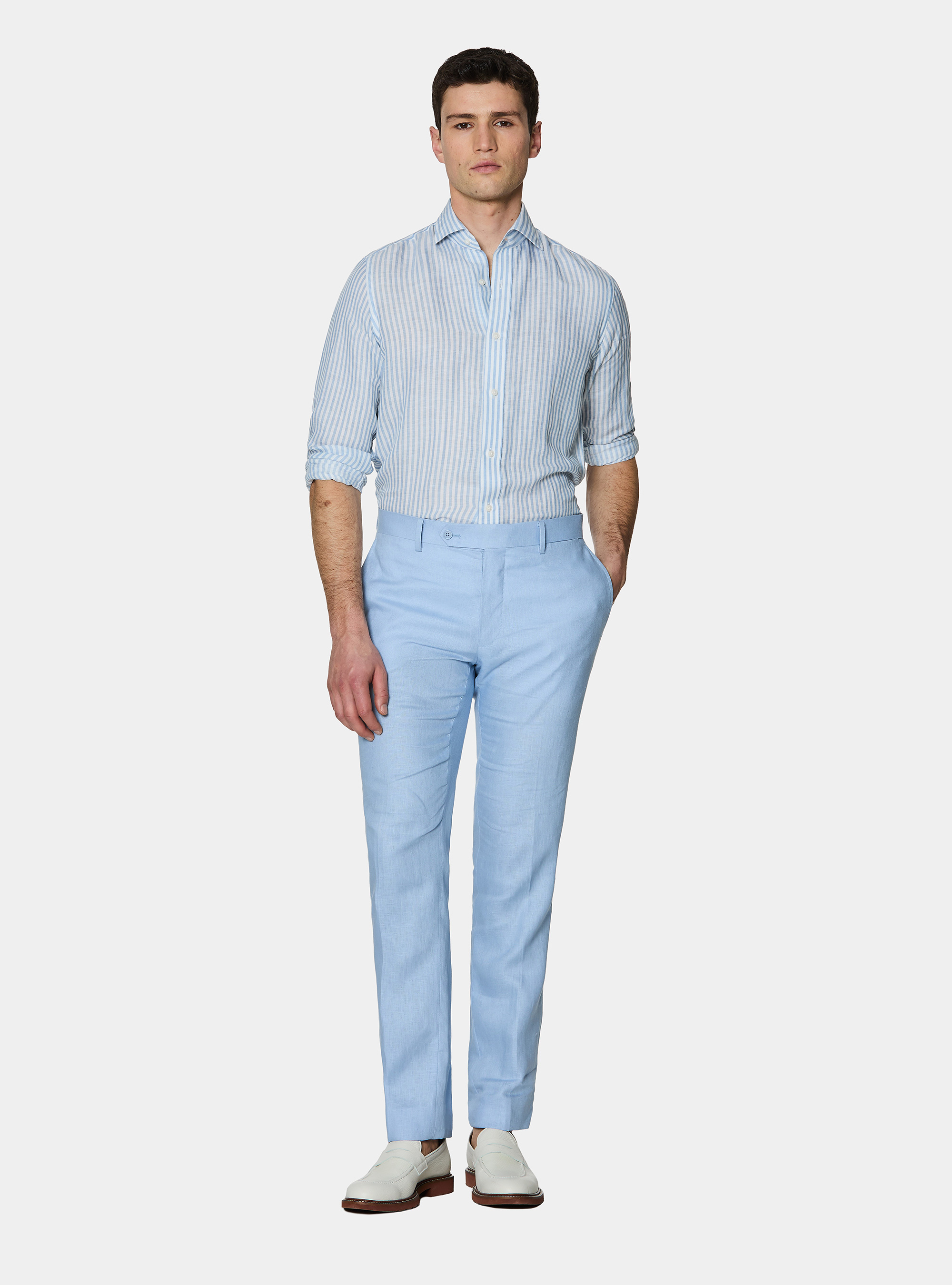 Gestreiftes Hemd aus einer Leinenmischung, AZZURRO 0276C
