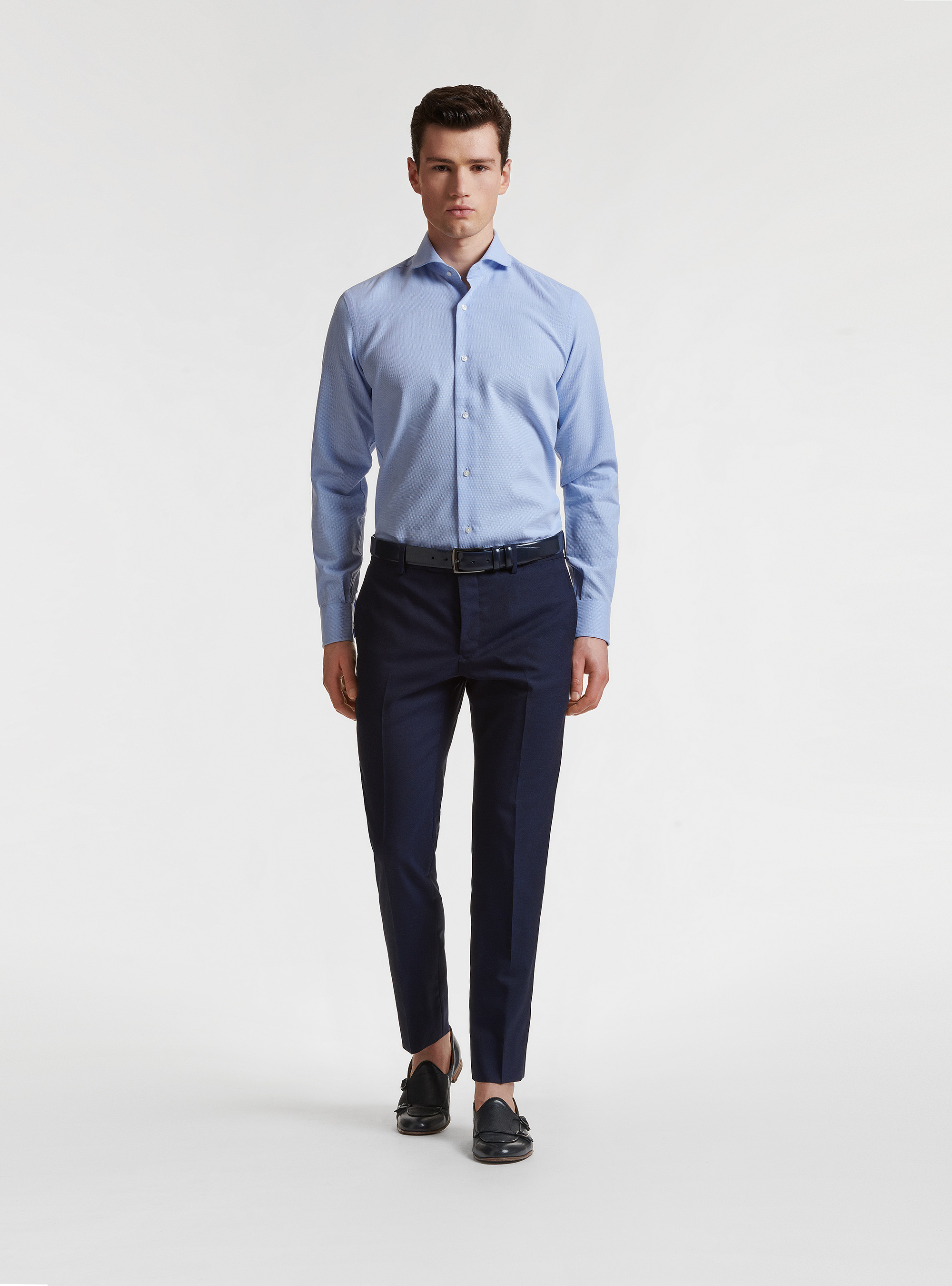 Camicia collo francese in cotone operato, AZZURRO
