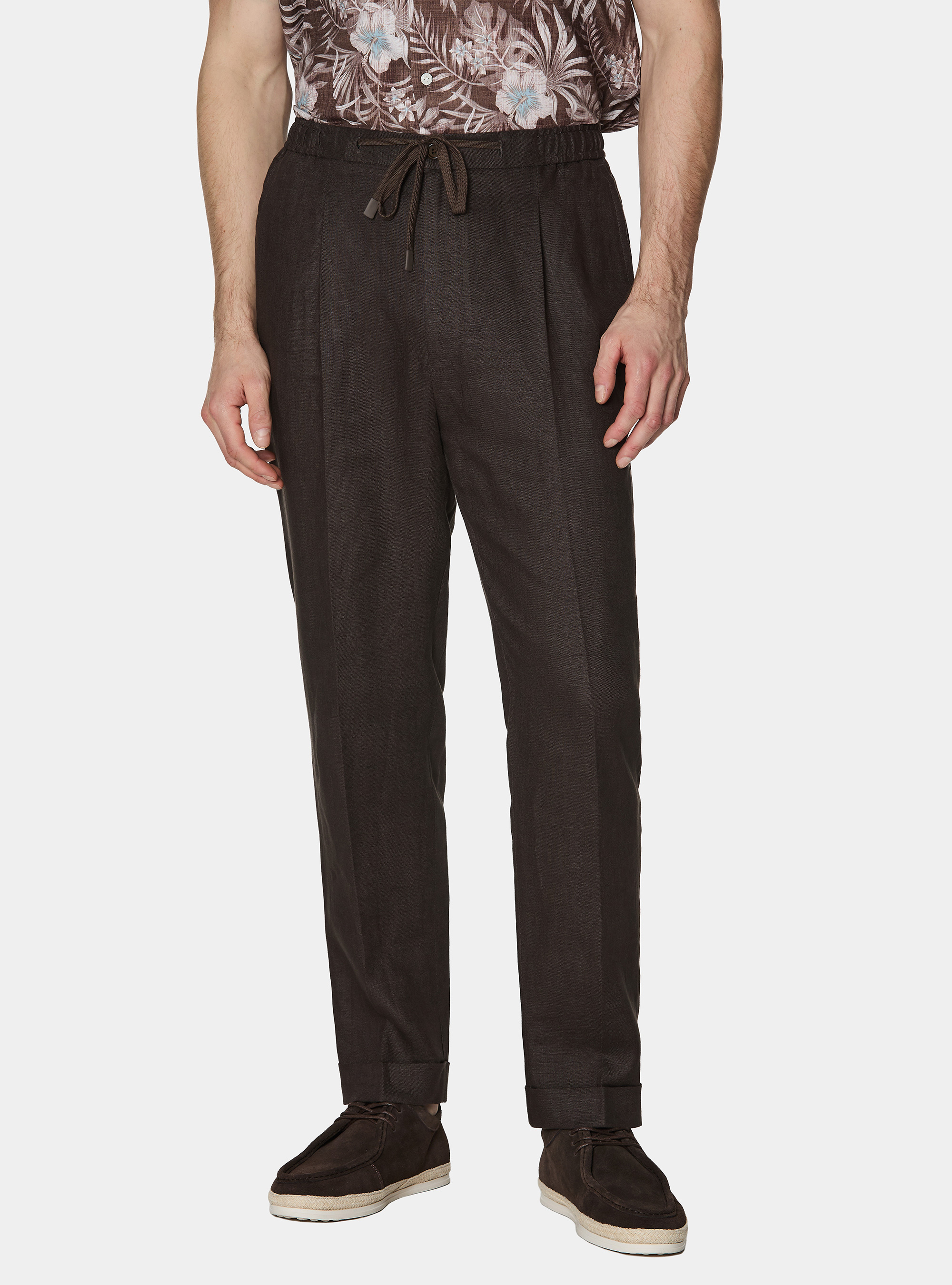 Pure linen trousers with pleat and drawstring, BROWN