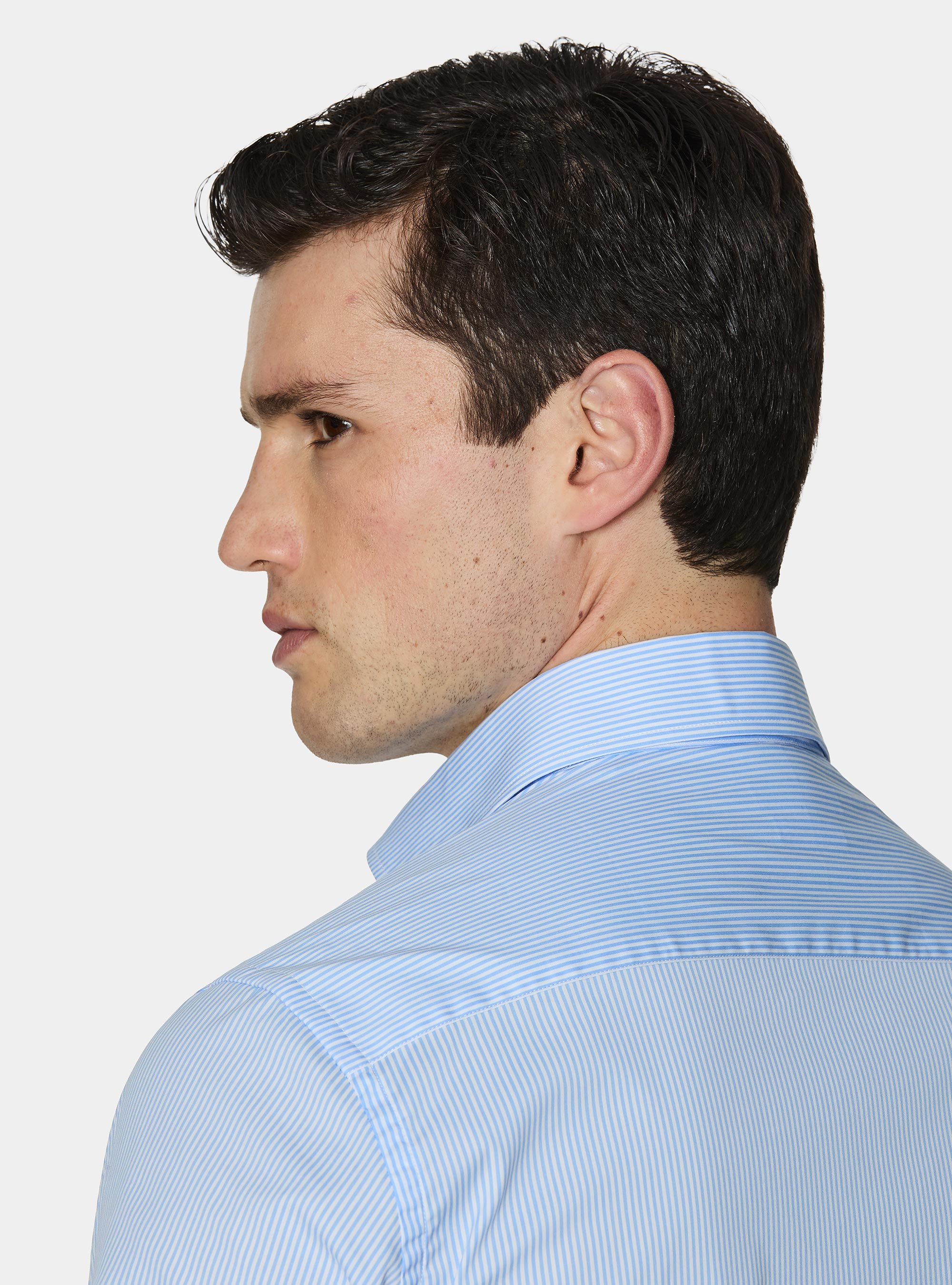 Camisa de rayas de popel&iacute;n de algod&oacute;n el&aacute;stico, CELESTE